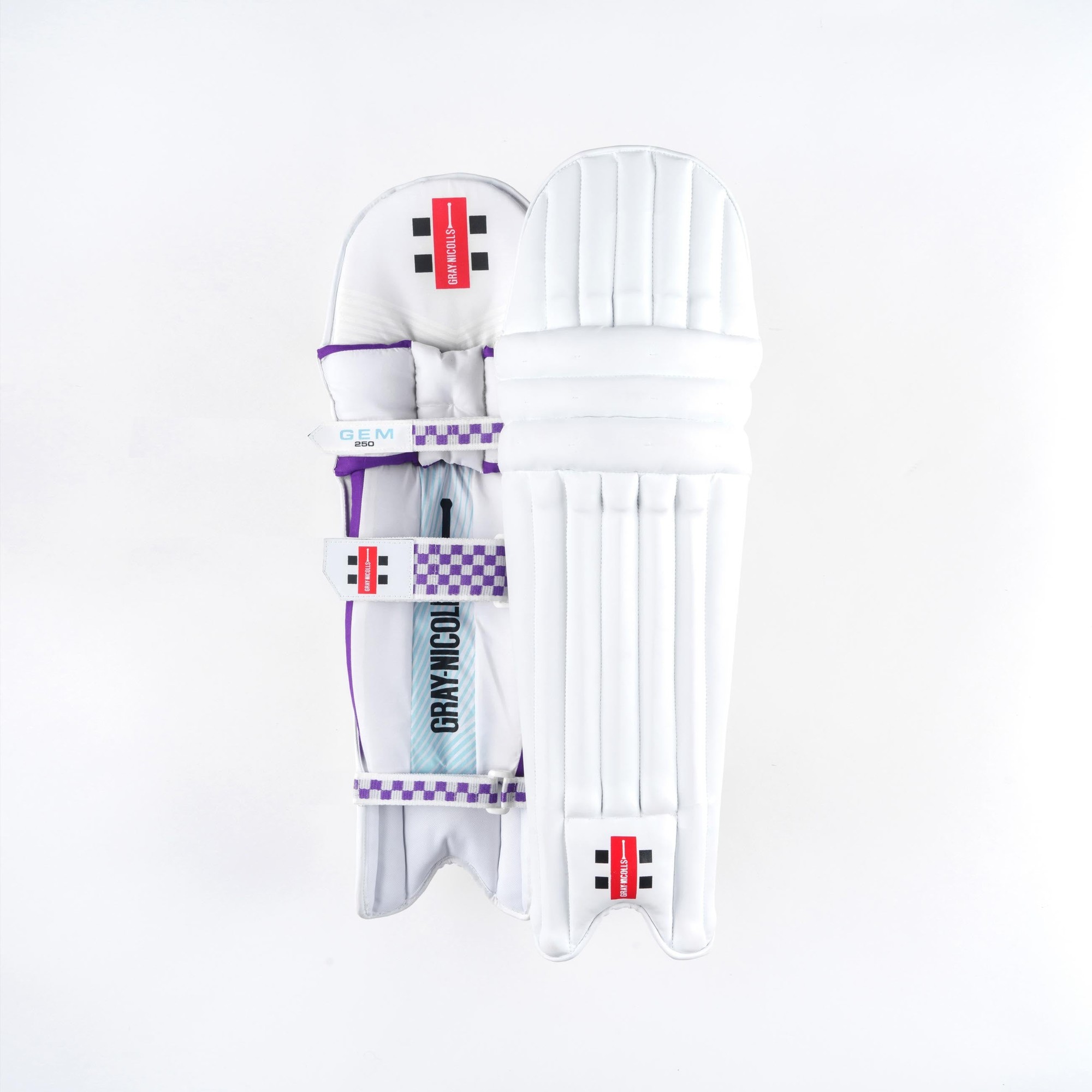 White Gray-Nicolls GN250 GEM 2.1 batting pads featuring purple accents, a sleek design, and adjustable straps for a secure fit.