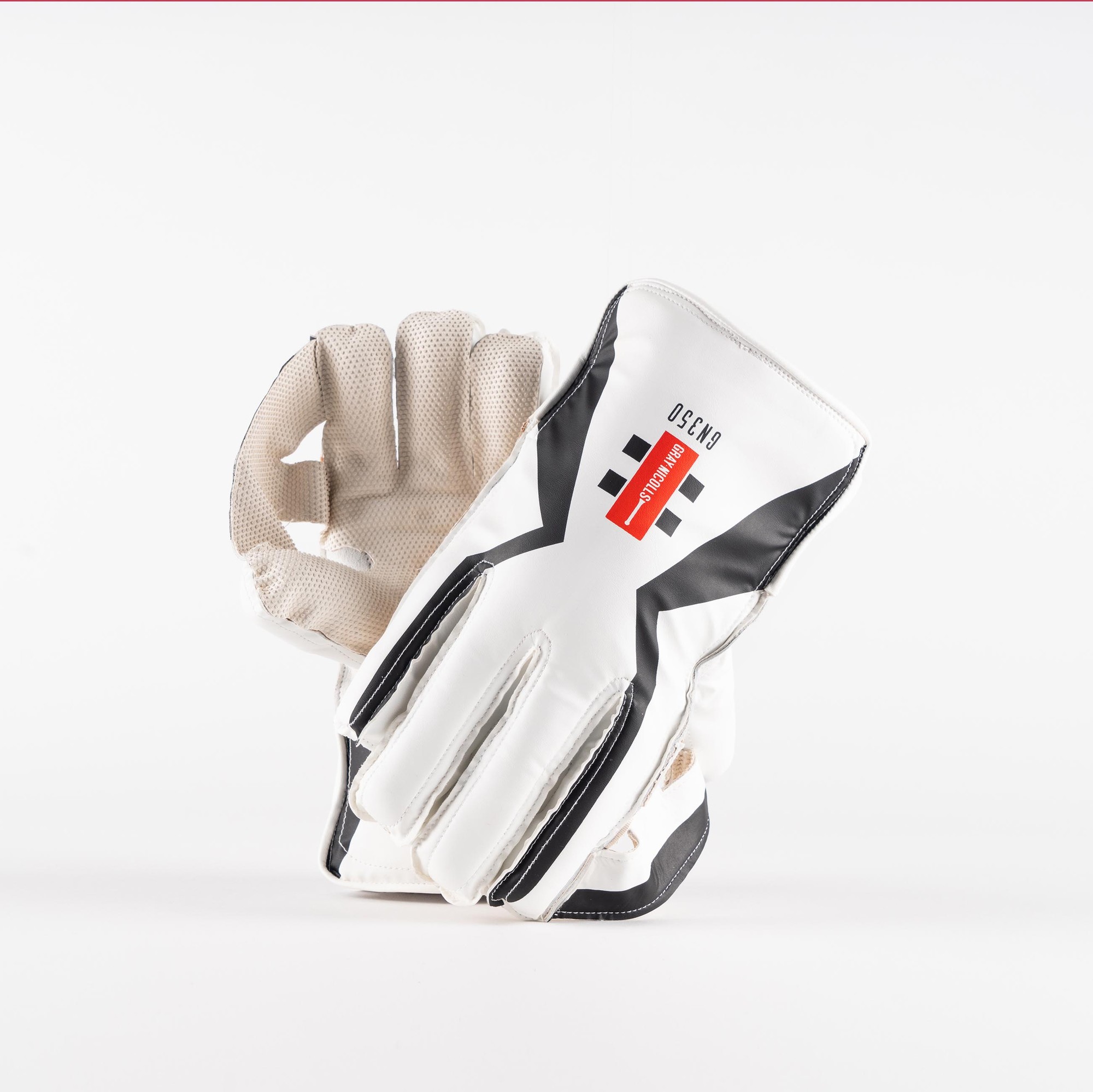 Gray-Nicolls GN350 wicketkeeping glove in white, featuring a textured palm for grip, black accents, and a padded design for protection and comfort.