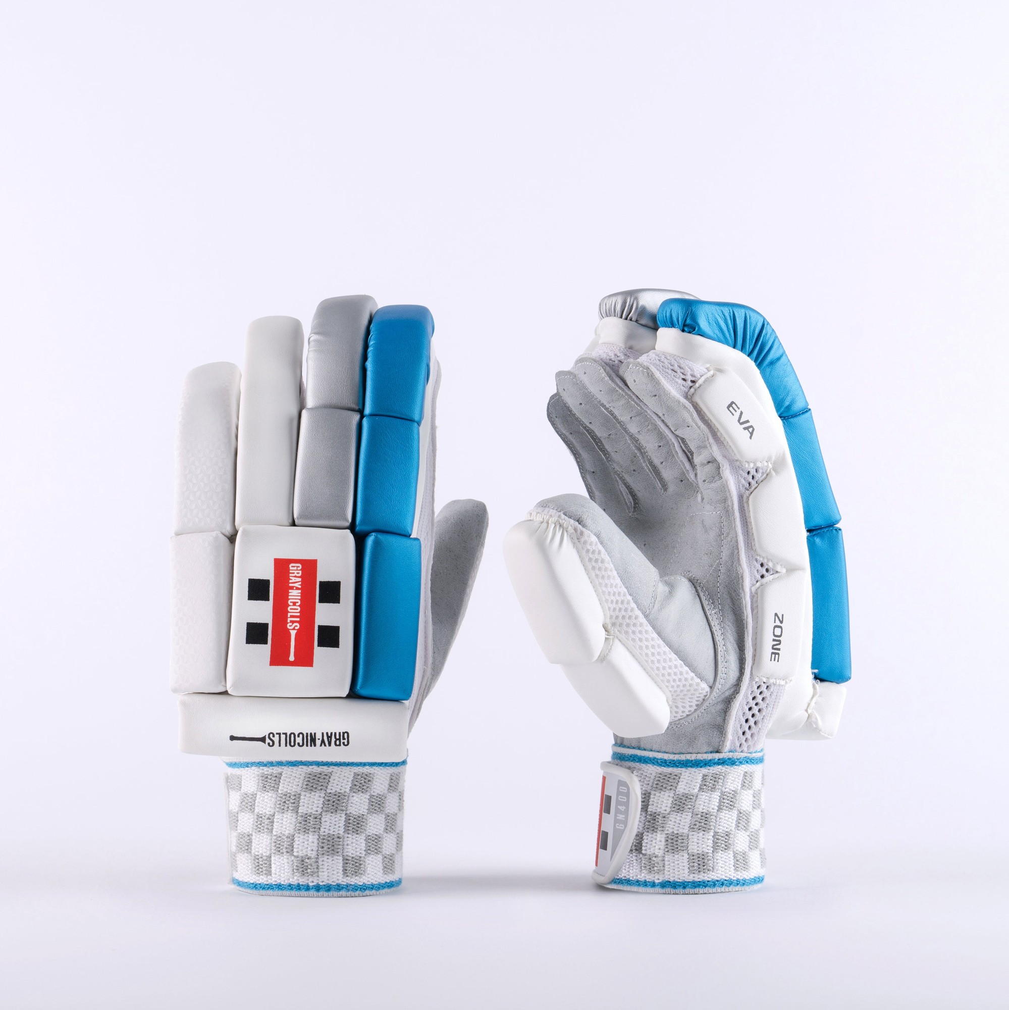 Gray-Nicolls GN400 batting gloves in white and blue, featuring padded protection, breathable mesh, and a textured grip for enhanced performance.