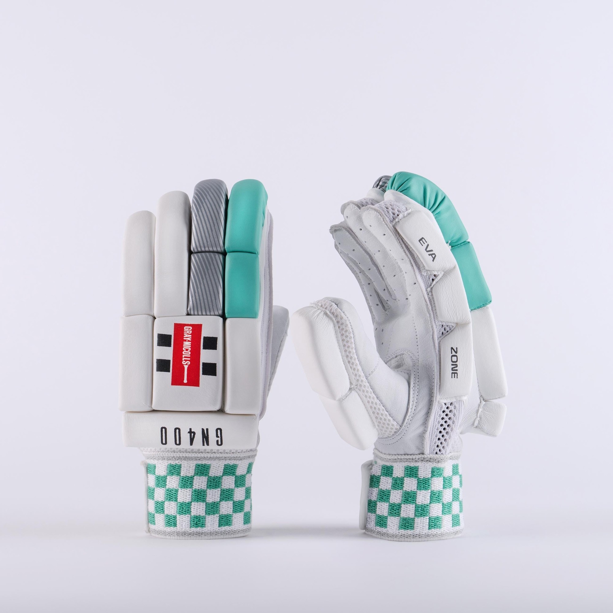 Gray-Nicolls GN400 GEM batting gloves in white with green accents, featuring a padded palm, breathable mesh, and a checkered wrist strap for enhanced grip and comfort.