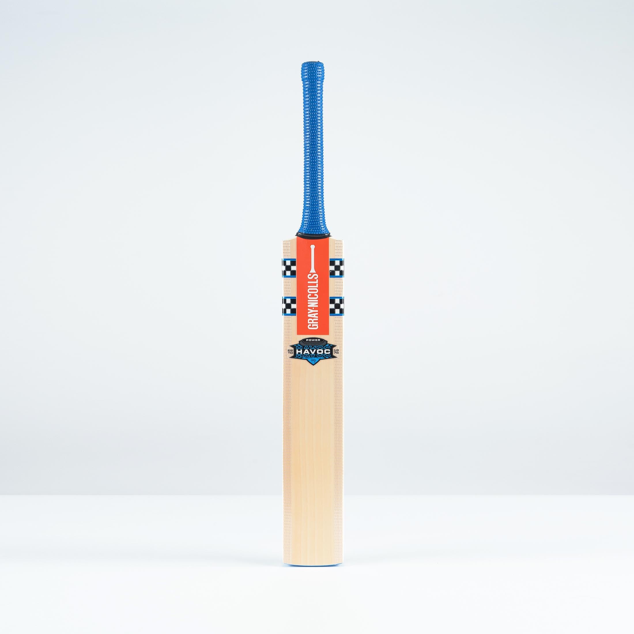 Gray-Nicolls Havoc 1.0 Power Adult Cricket Bat featuring a light wooden blade, blue rubber grip, and vibrant orange and black branding on the handle.
