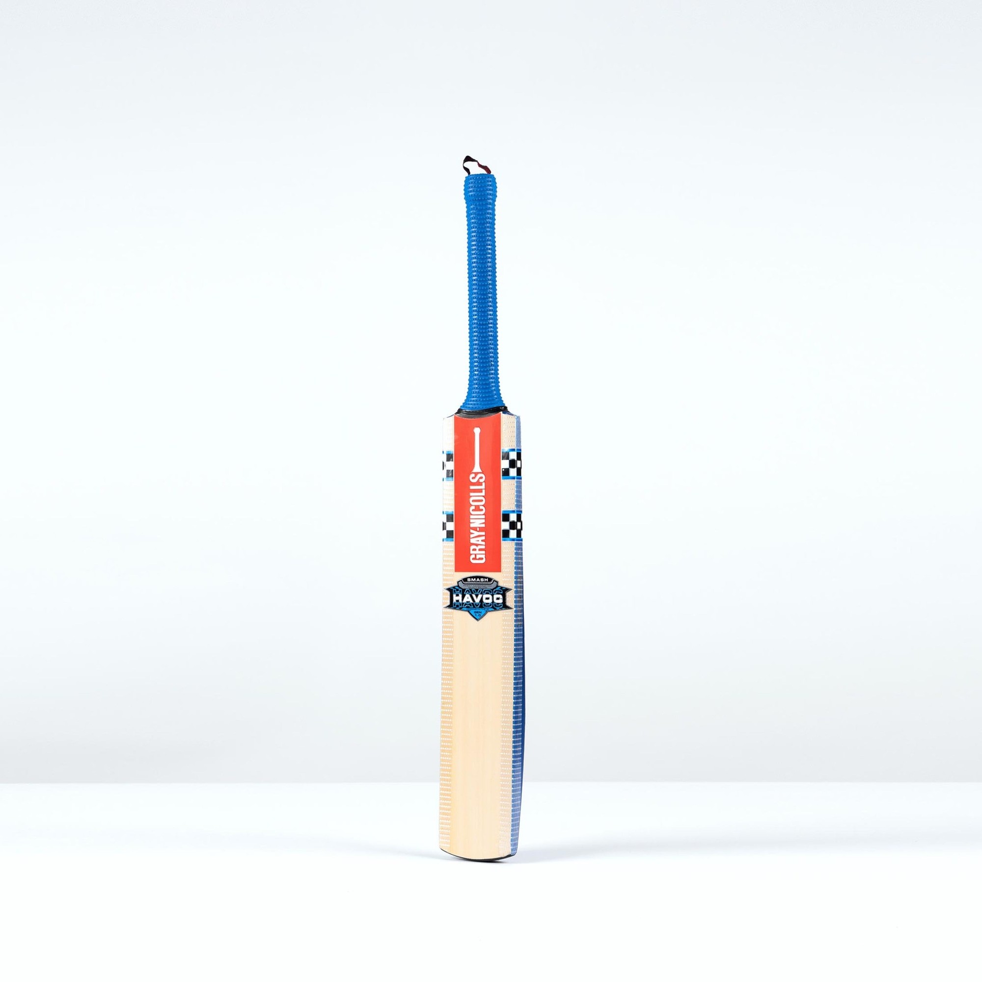 Gray-Nicolls Havoc 1.0 Smash Junior Cricket Bat featuring a light wooden blade, blue rubber grip, and vibrant red and black branding with checkered details.