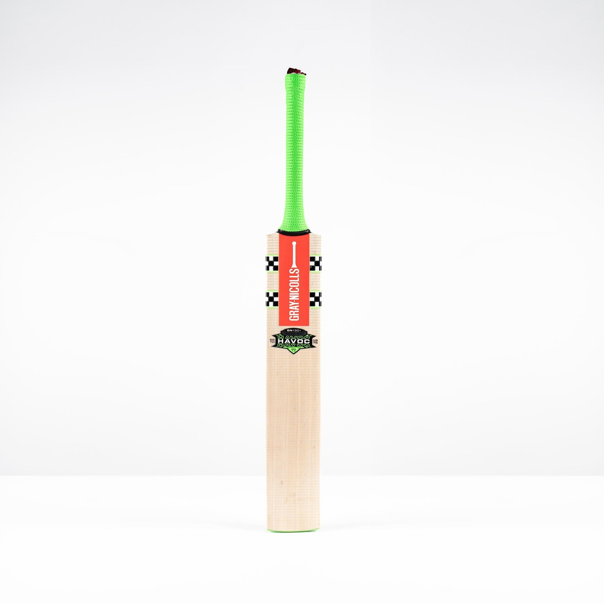 Gray-Nicolls Havoc 1.3 GN130+ infant cricket bat features a light wooden blade, vibrant green grip, and a distinctive red and black logo on the handle.