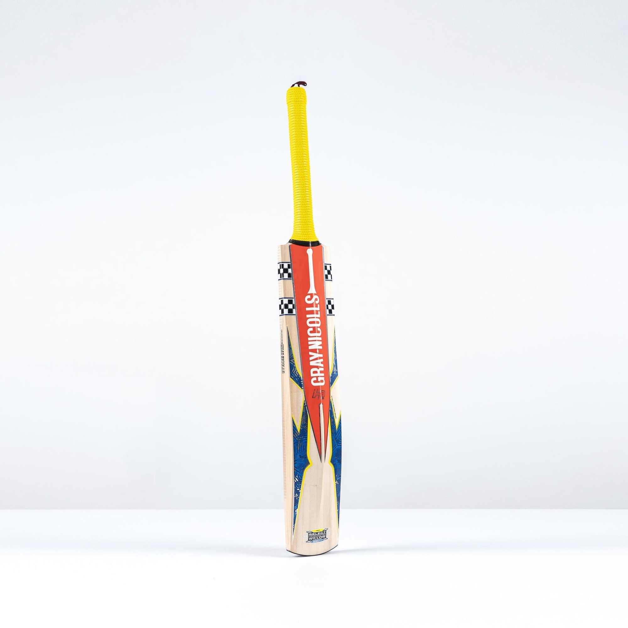 Gray-Nicolls Havoc HB317 Warrior adult cricket bat featuring a yellow handle, striking blue and red graphics, and a smooth wooden blade.