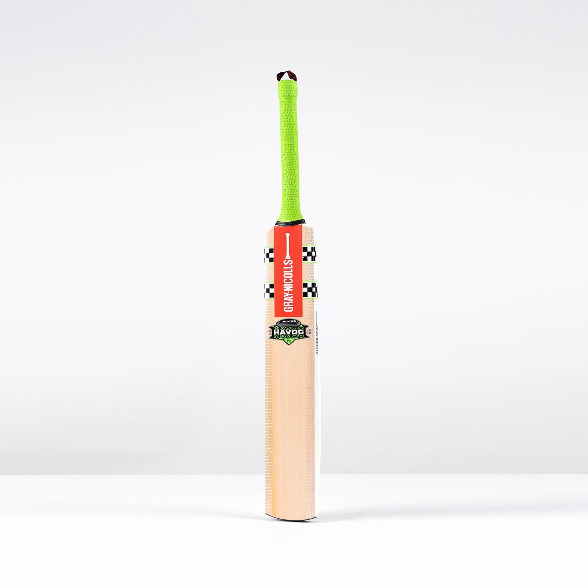 Gray-Nicolls Havoc Select 1.3 Thunder Junior Cricket Bat featuring a light wooden blade, green grip, and vibrant red branding with checkered accents.