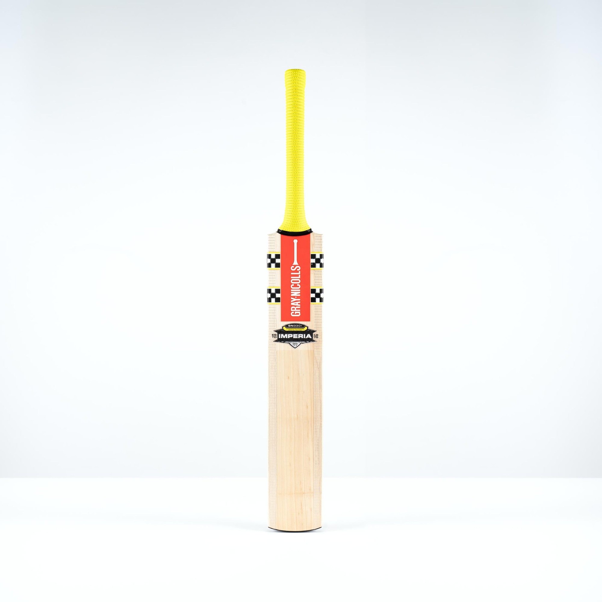 Gray-Nicolls Imperia 1.1 GN330+ Junior Cricket Bat features a black and red design with a yellow grip, crafted from high-quality wood for enhanced performance.