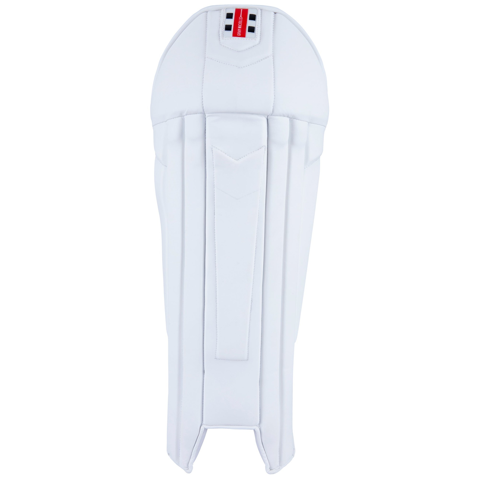 White wicketkeeping pads featuring a sleek design, made from durable material, with prominent Gray-Nicolls branding and red detailing at the top.