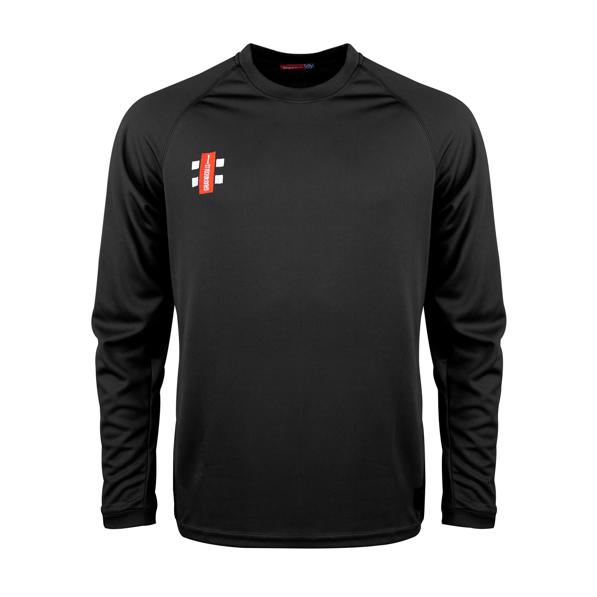 Black long sleeve adult t-shirt by Gray-Nicolls, featuring a red logo on the left chest, made from lightweight, breathable material with a sporty design.
