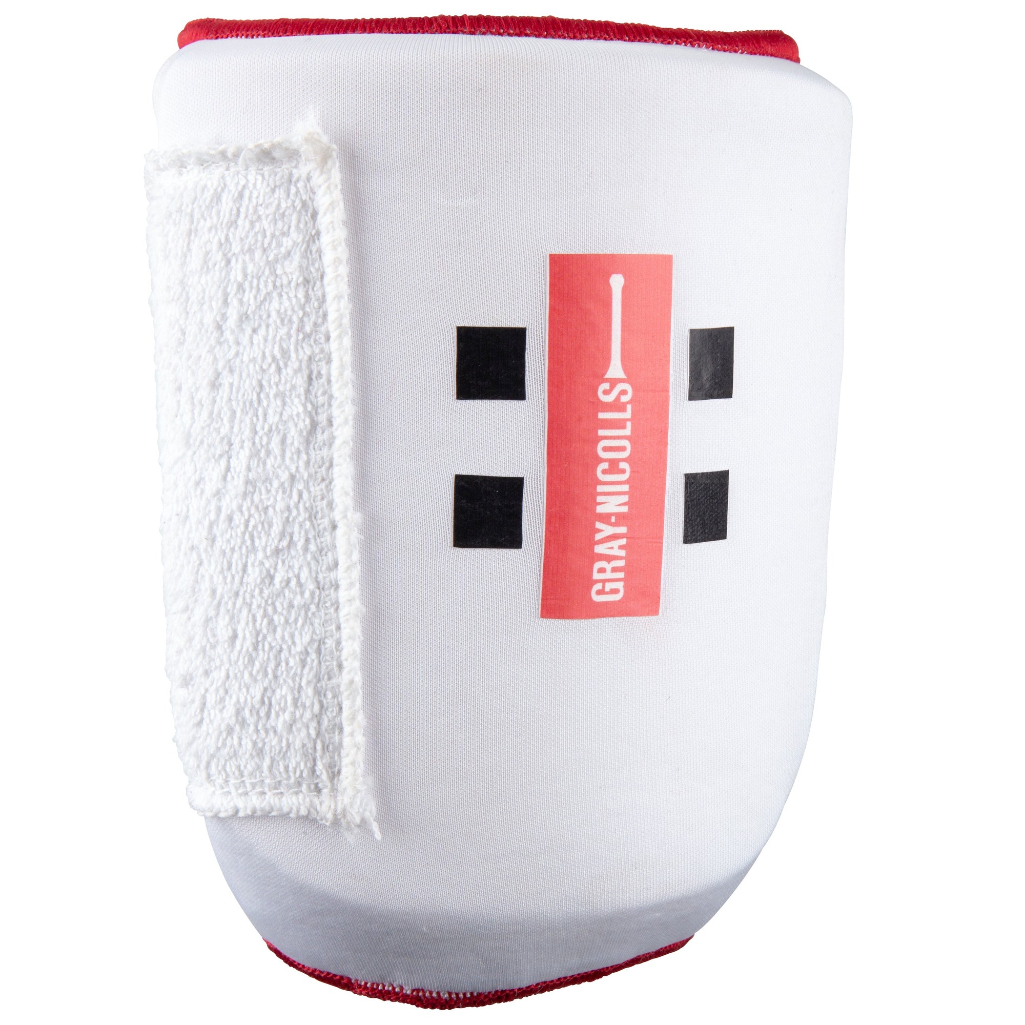 White mini armguard featuring a soft fabric exterior, red accents, and a prominent Gray-Nicolls logo, designed for cricket protection.