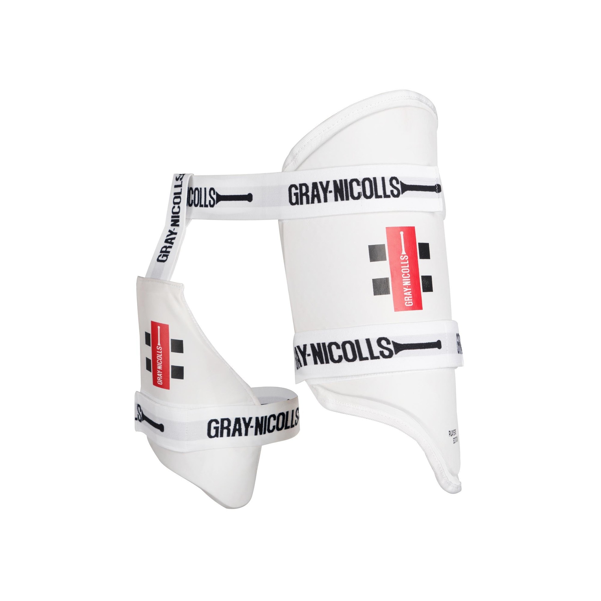 Gray-Nicolls Players Edition 360 Cricket Thigh Pads in white, featuring a sleek design, adjustable straps, and prominent branding for enhanced protection and comfort.