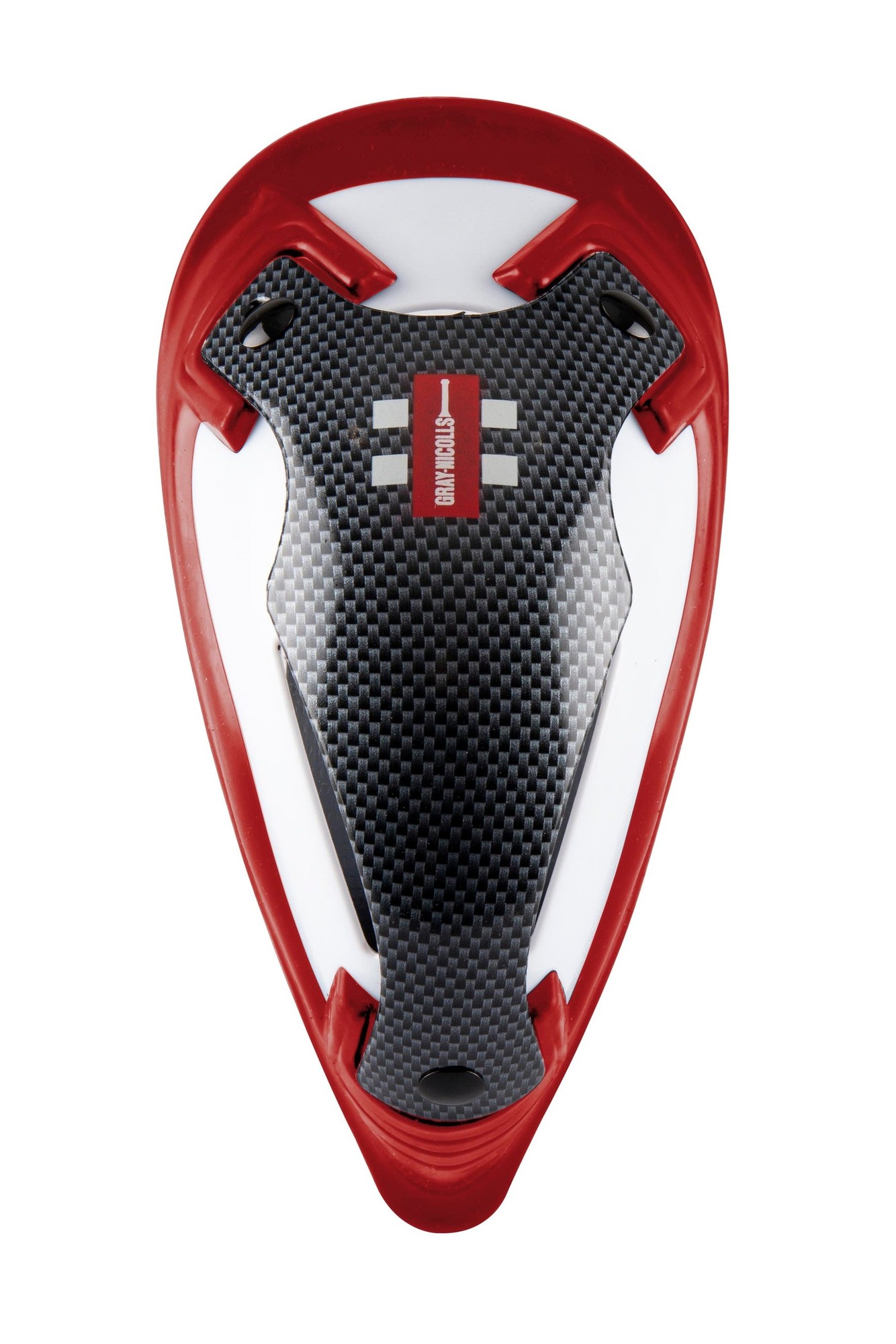 Gray-Nicolls Players Edition Abdo Guard in red with a carbon fiber center, featuring a sleek, ergonomic design for comfort and protection in cricket.