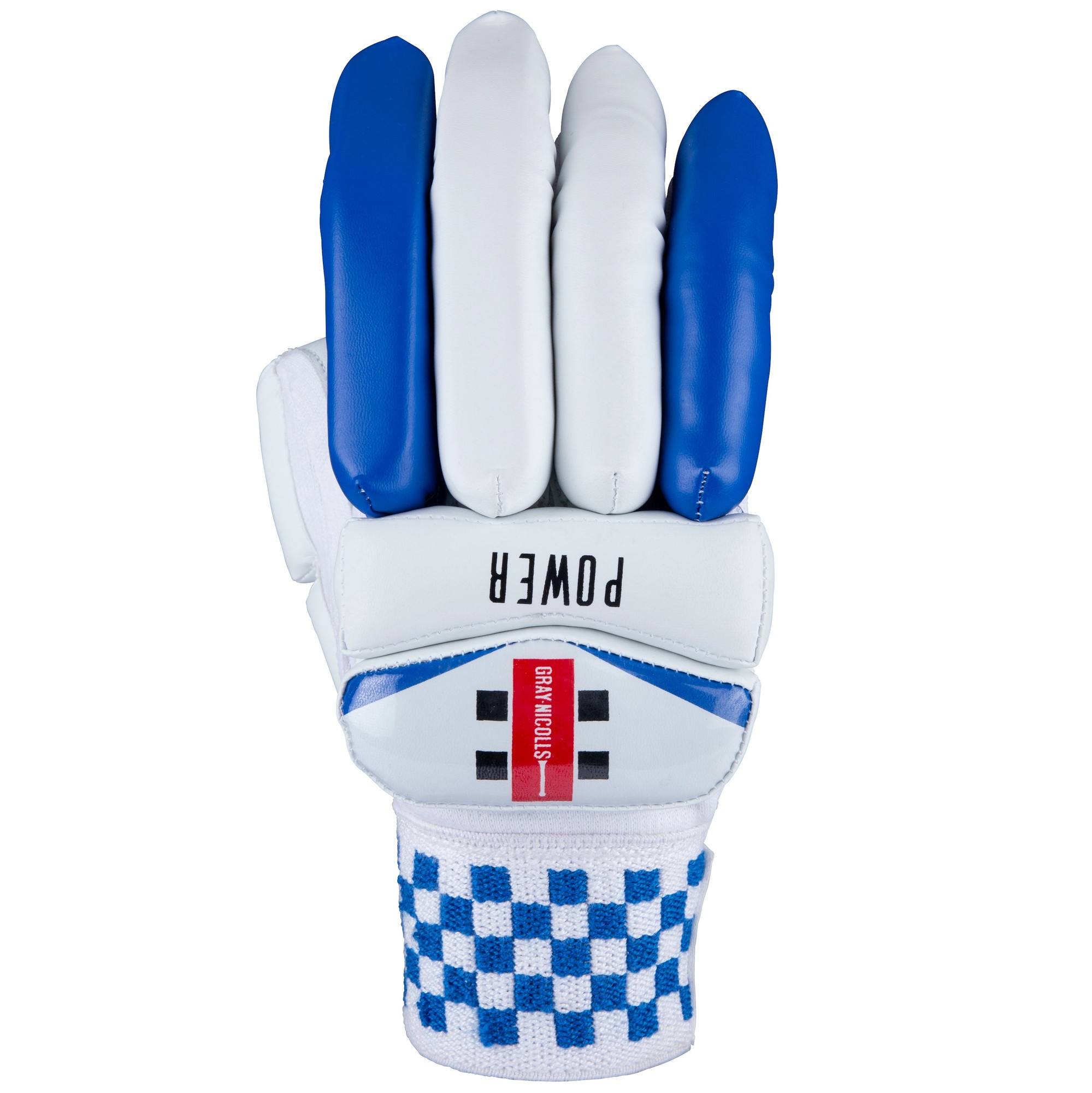 Gray-Nicolls Power Junior Batting Gloves in white with blue accents, featuring padded fingers, a textured grip, and a checkered wrist design for enhanced support and protection.