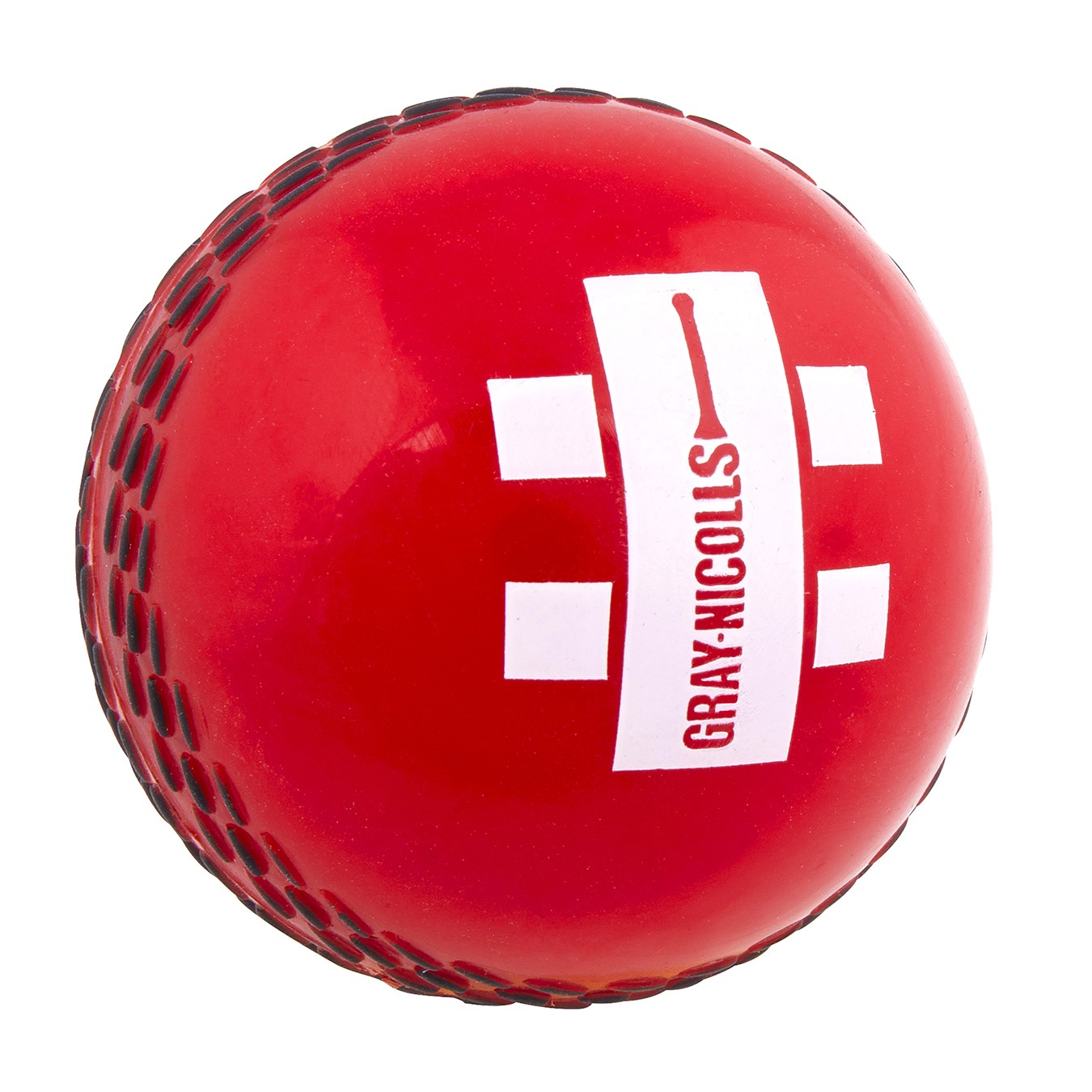 Bright red plastic cricket ball featuring a textured surface and the Gray-Nicolls logo prominently displayed.