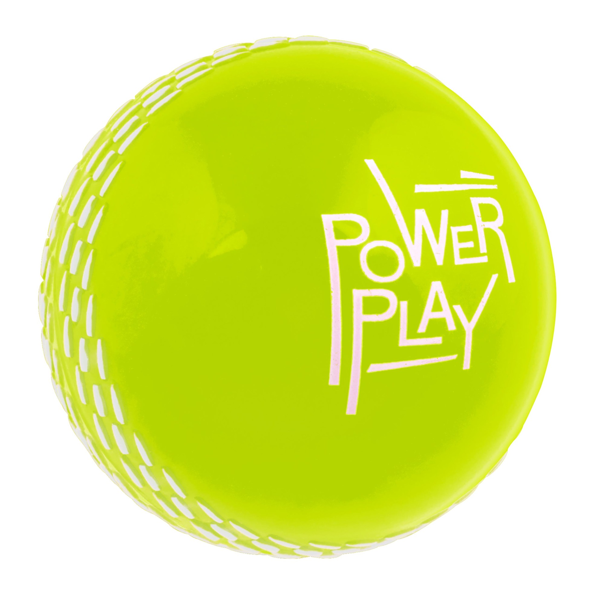 Bright yellow plastic cricket ball with a glossy finish, featuring white stitching and the "PowerPlay" logo prominently displayed.