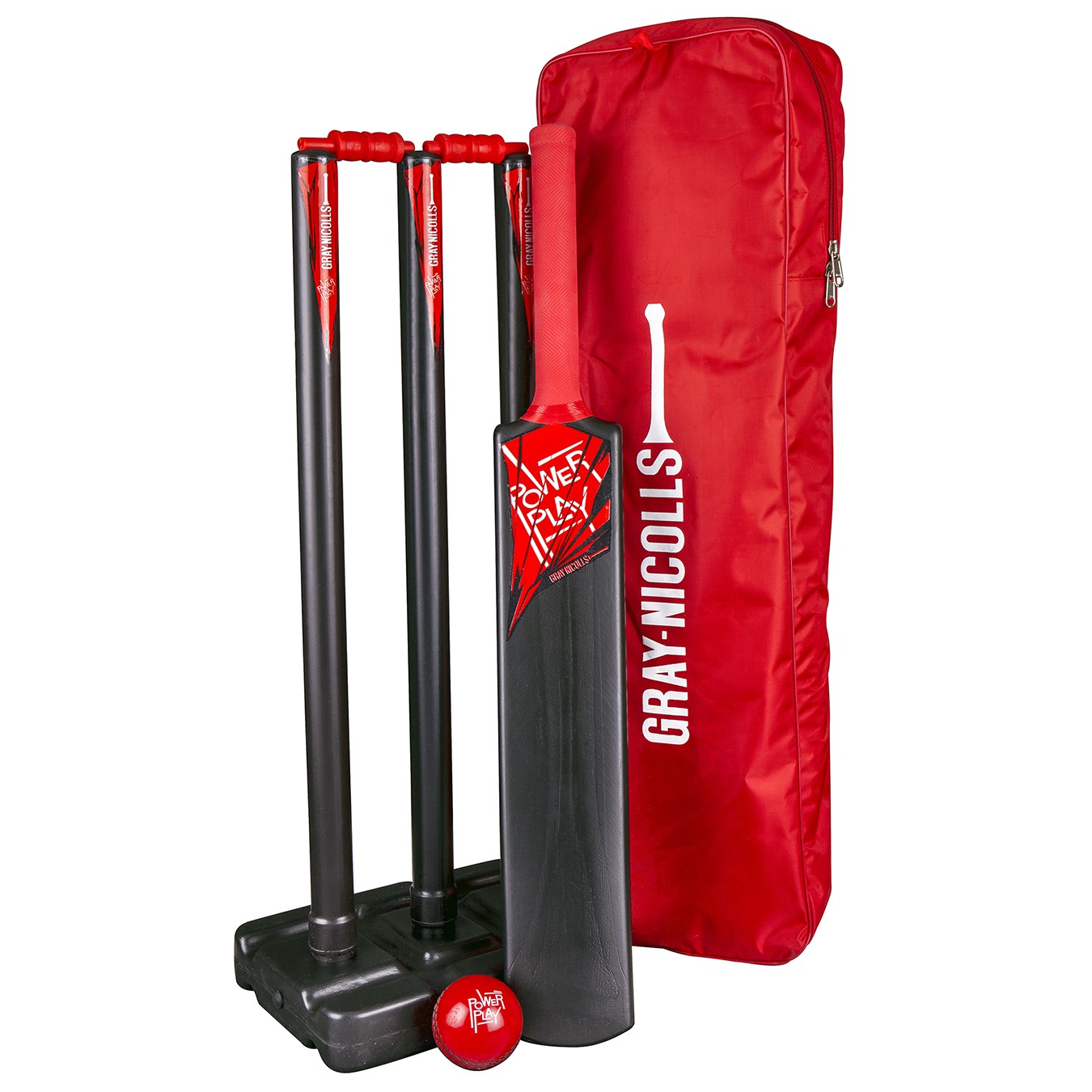 Gray-Nicolls PowerPlay Plastic Set in size 4 features a black cricket bat, red stumps, a red ball, and a red carrying bag with the Gray-Nicolls logo.