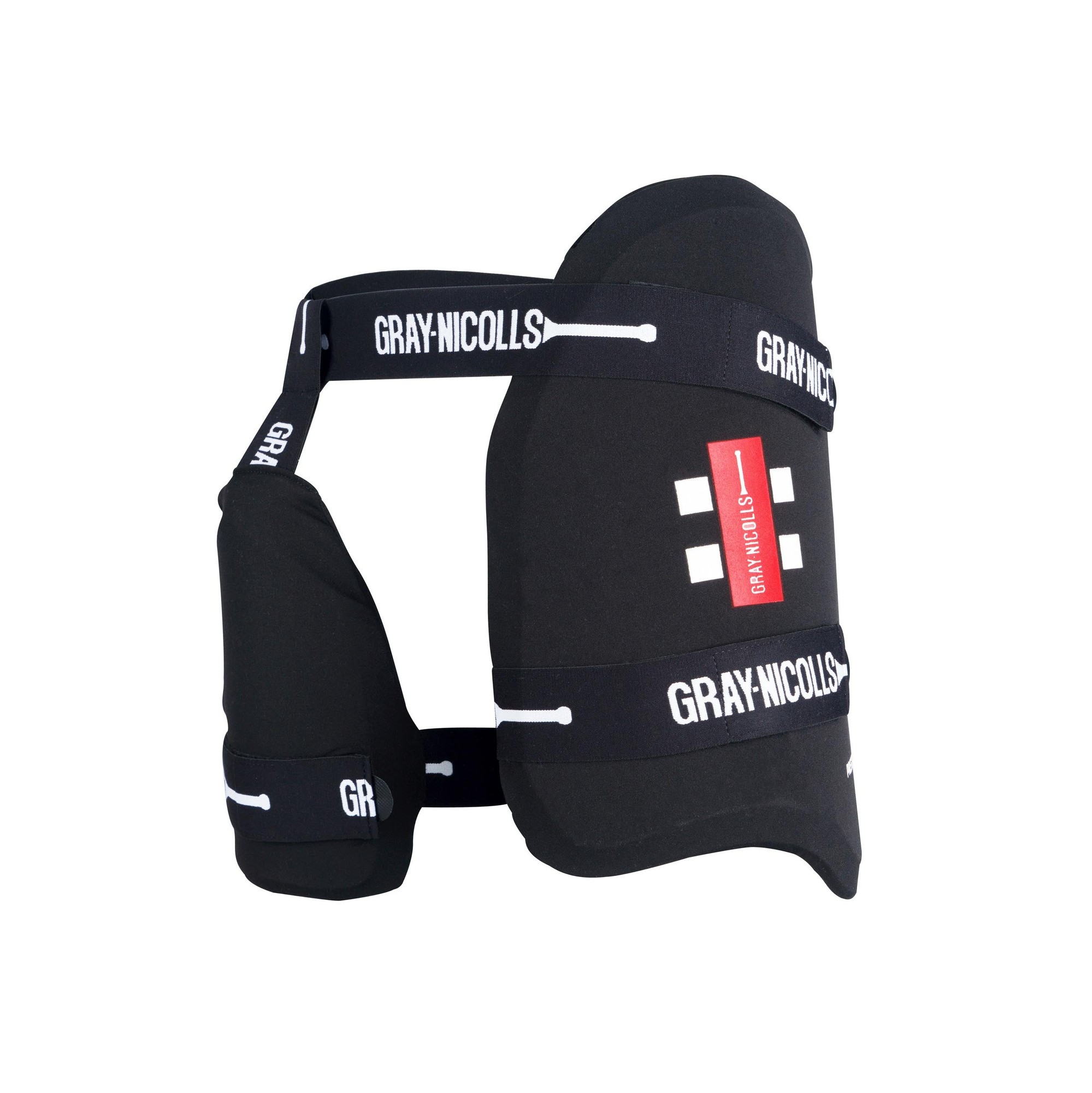 Black Gray-Nicolls Prestige 360 cricket thigh pads featuring a sleek design, adjustable straps, and prominent branding for enhanced protection and comfort during play.