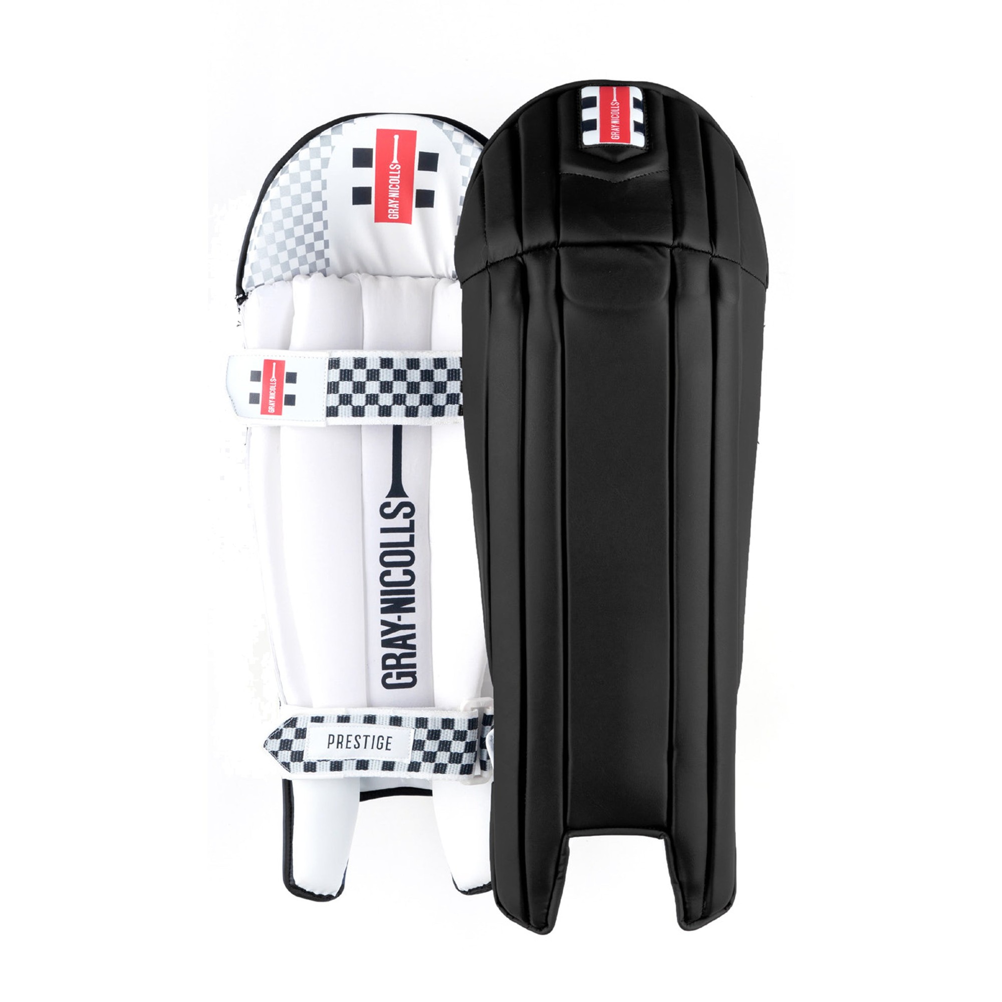 Gray-Nicolls Prestige wicketkeeping pads in white with black accents, featuring a sleek design, padded protection, and adjustable straps for a secure fit.