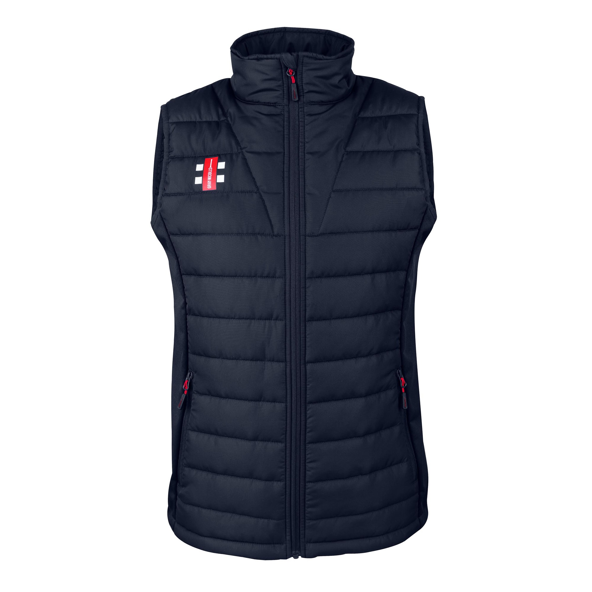 Black Gray-Nicolls Pro Performance bodywarmer features a quilted design, high collar, zip front, and two side pockets with red zipper accents.