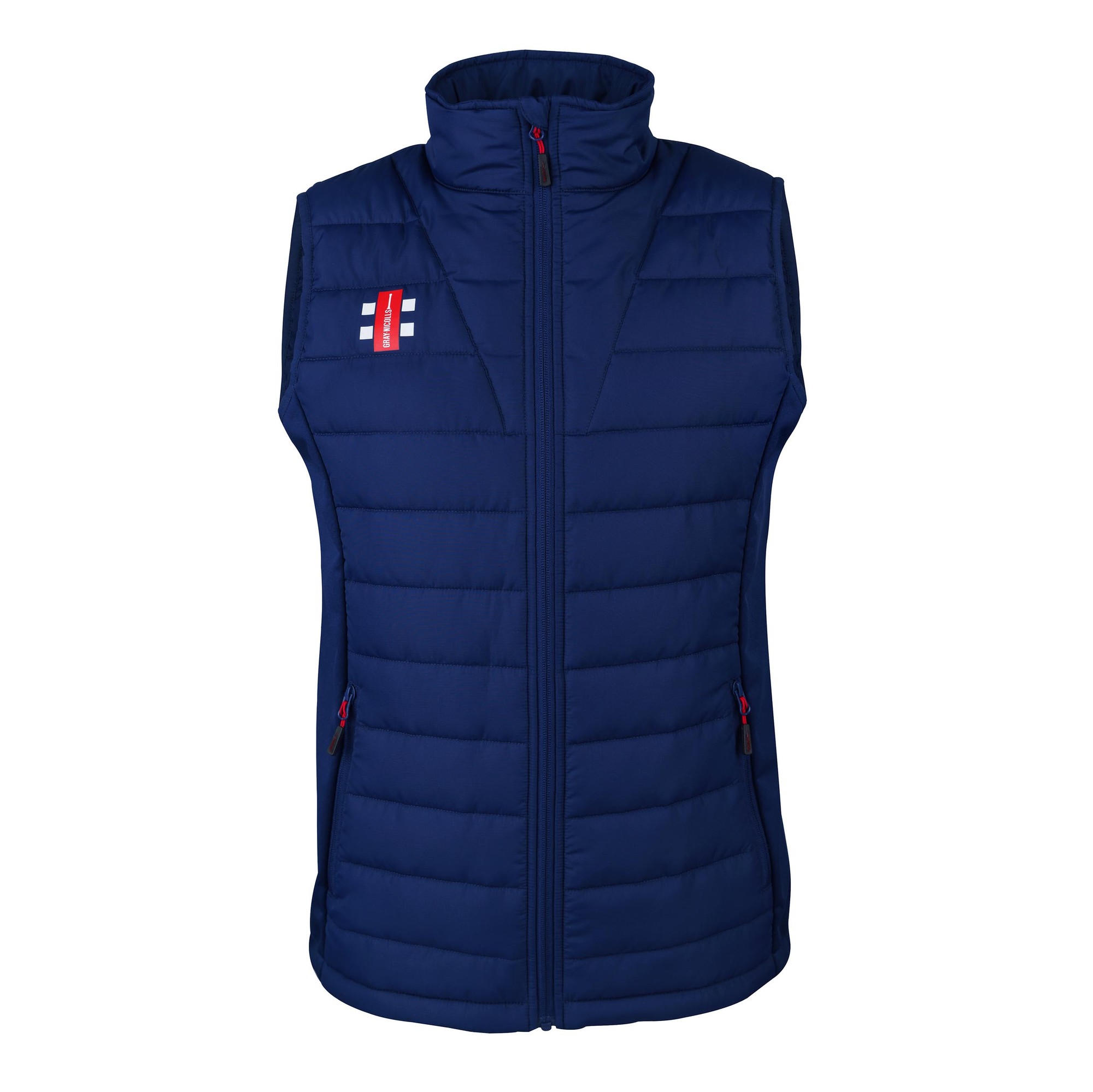 Black Gray-Nicolls Pro Performance Bodywarmer features a quilted design, high collar, and zippered front with red accents and logo on the chest.