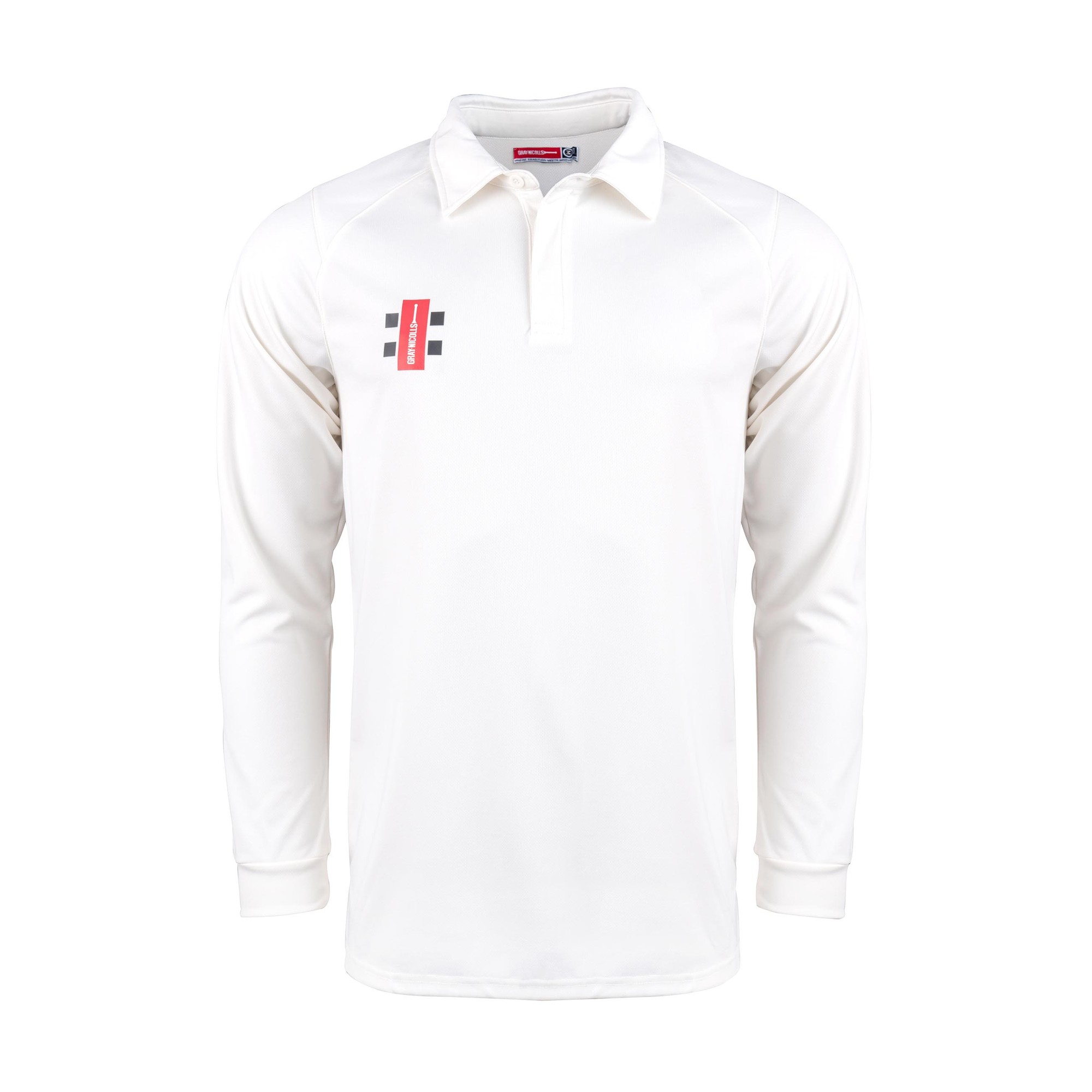Long sleeve adult shirt in white, made from moisture-wicking fabric, featuring a collar, ribbed cuffs, and a Gray-Nicolls logo on the chest.