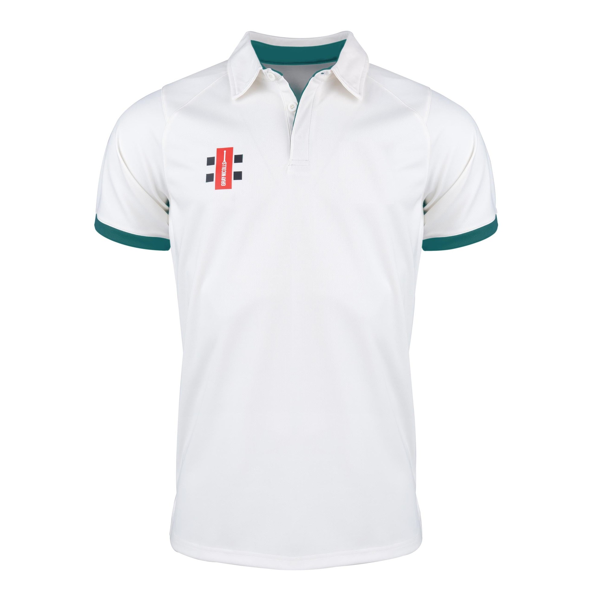 Short sleeve adult shirt in white with teal accents, featuring a classic polo collar and Gray-Nicolls logo on the chest, made from breathable performance fabric.