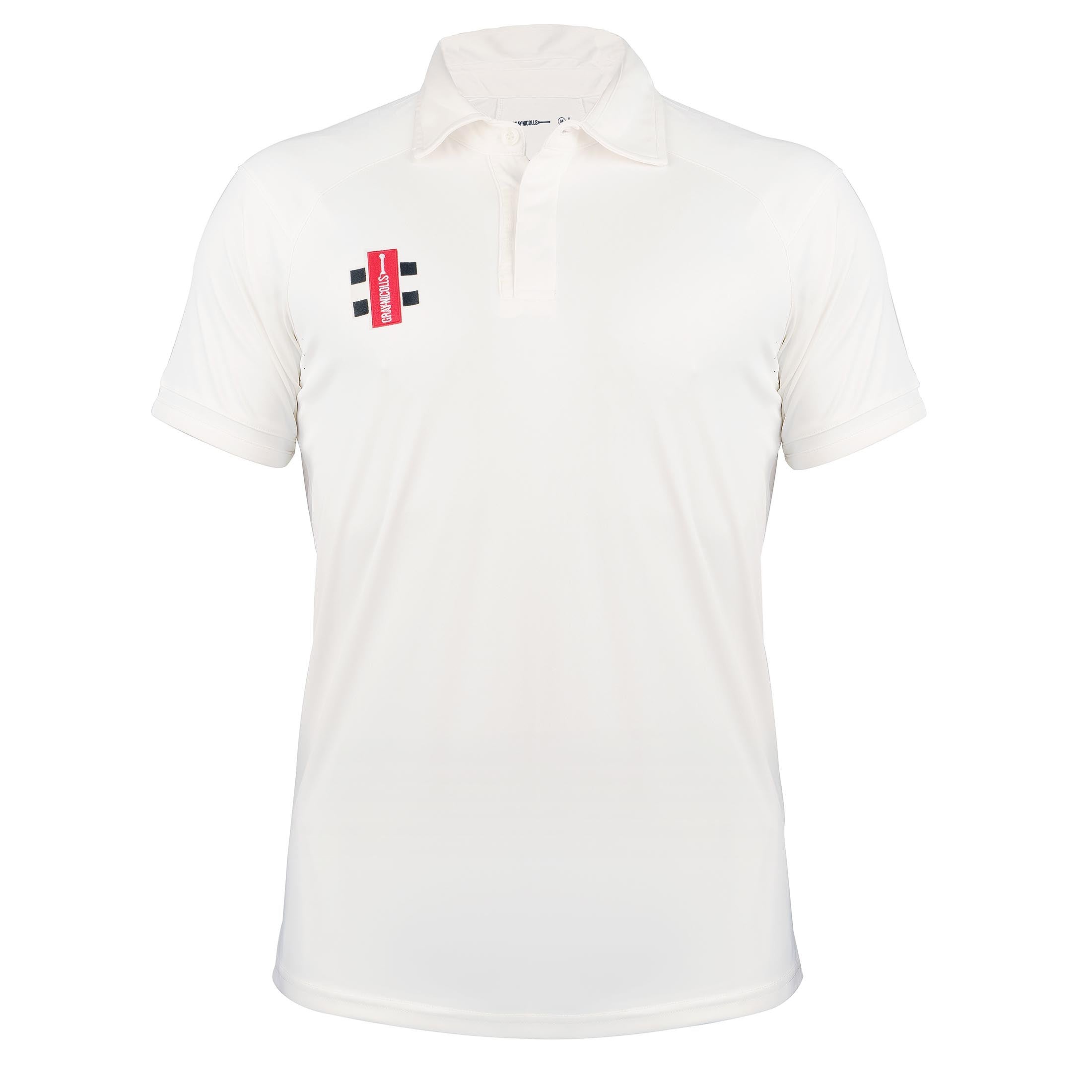 Short sleeve white shirt made from lightweight material, featuring a collar, a red and black logo on the left chest, and black stripe detailing on the shoulders.