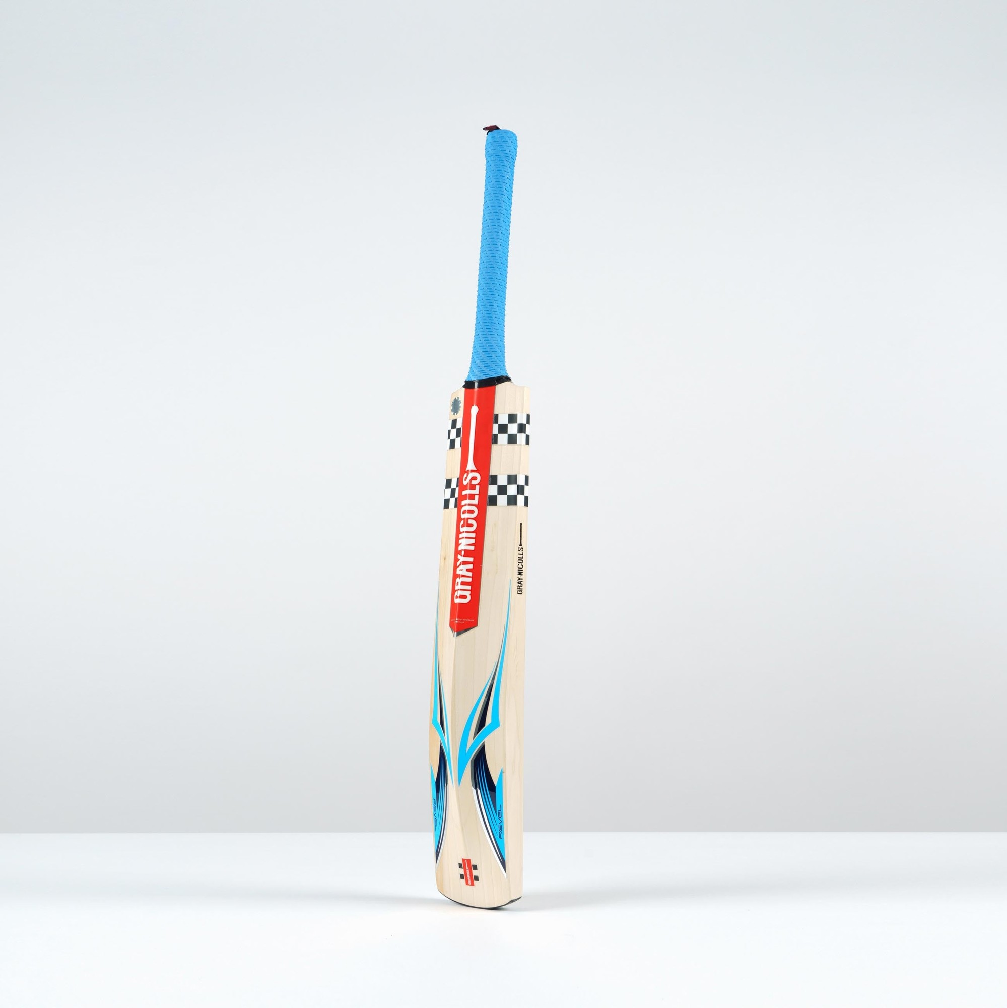 Gray-Nicolls Revel 200 cricket bat featuring a light wooden body, blue and red accents, a textured blue grip, and a sleek design ideal for adult players.