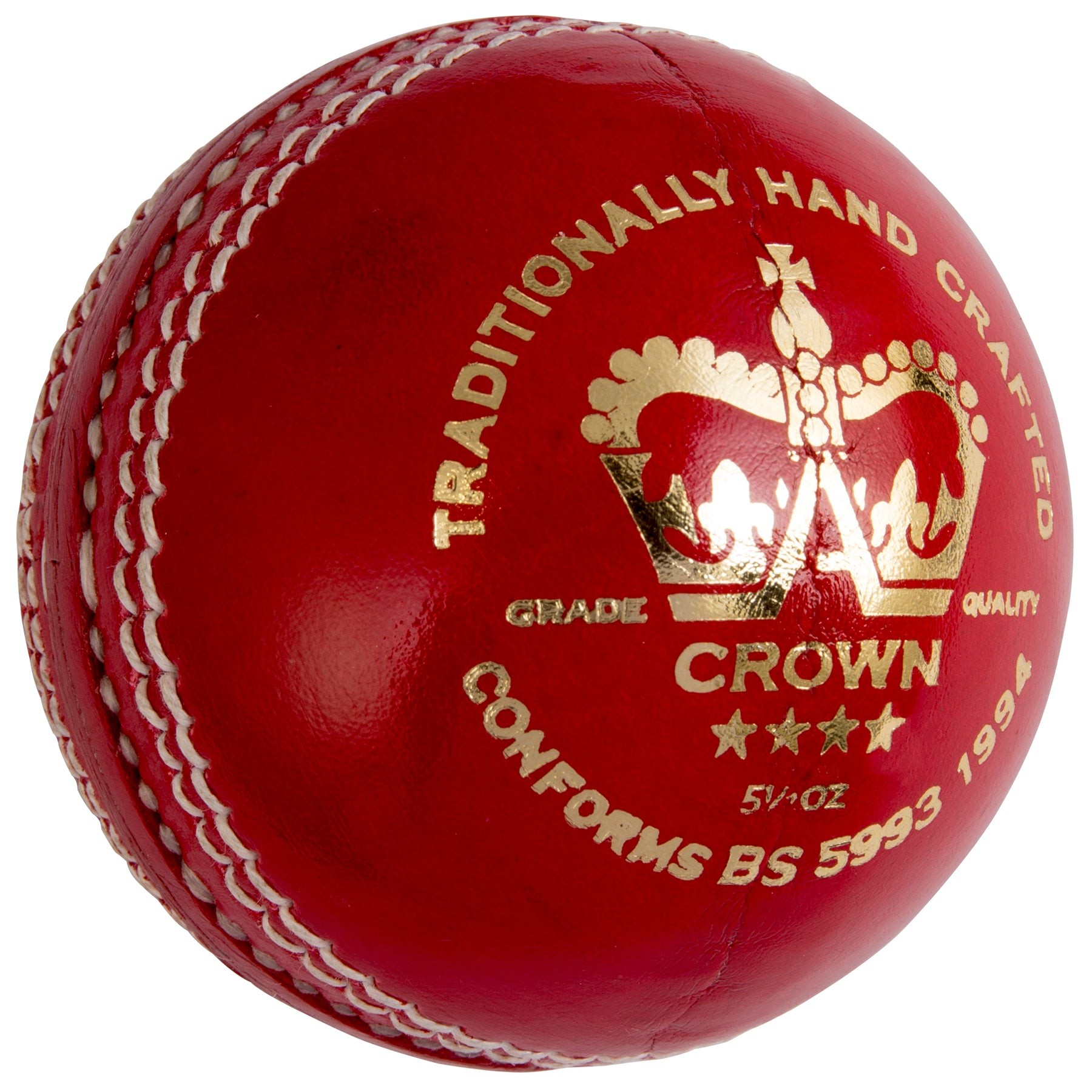 Red leather cricket ball with a glossy finish, featuring a gold crown logo and "Traditionally Hand Crafted" text, designed for Div 5 to Div 12 play by Gray-Nicolls.
