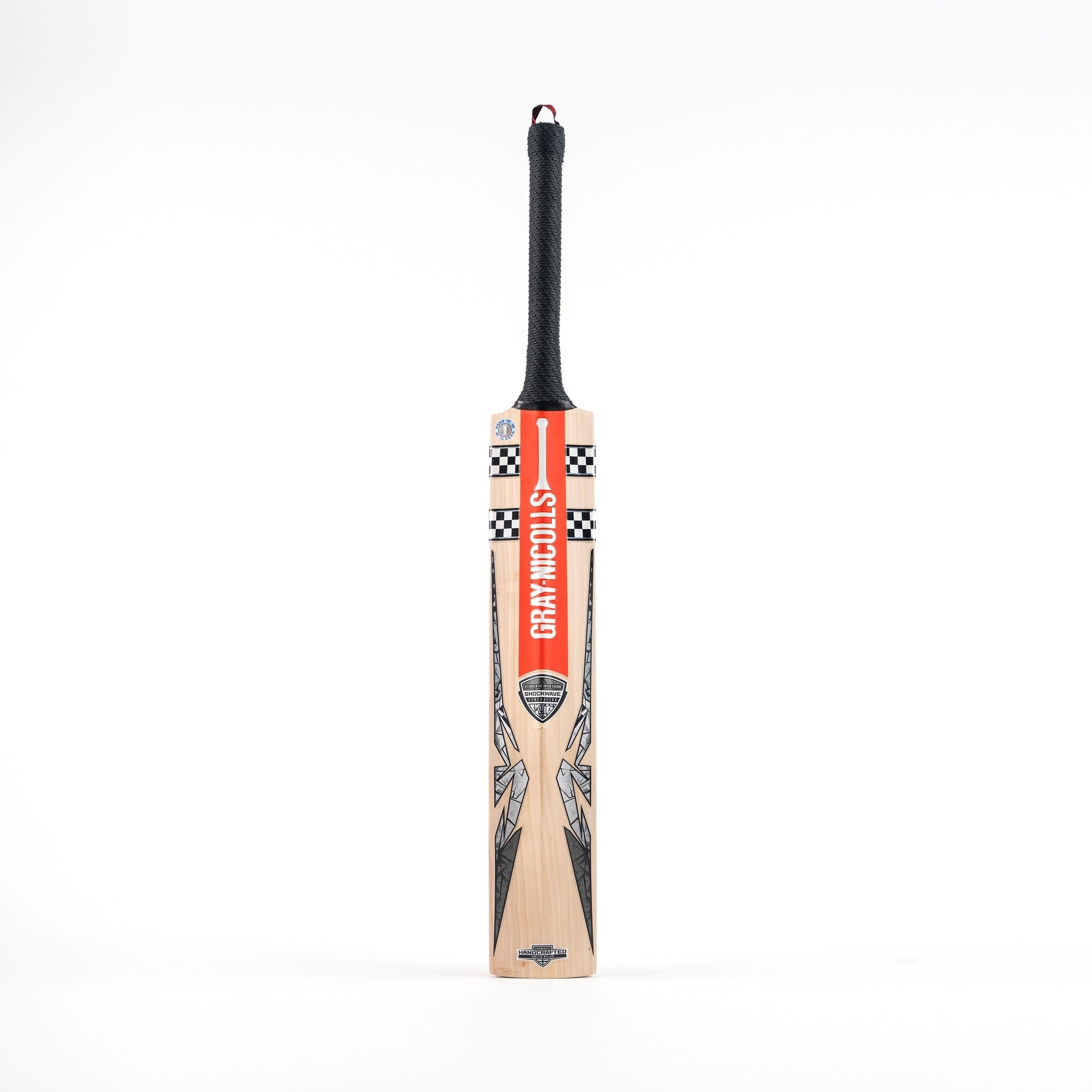 Gray-Nicolls Shockwave 2.0 200 Junior Cricket Bat features a light wooden blade with a striking red and black graphic design and a textured black handle for grip.