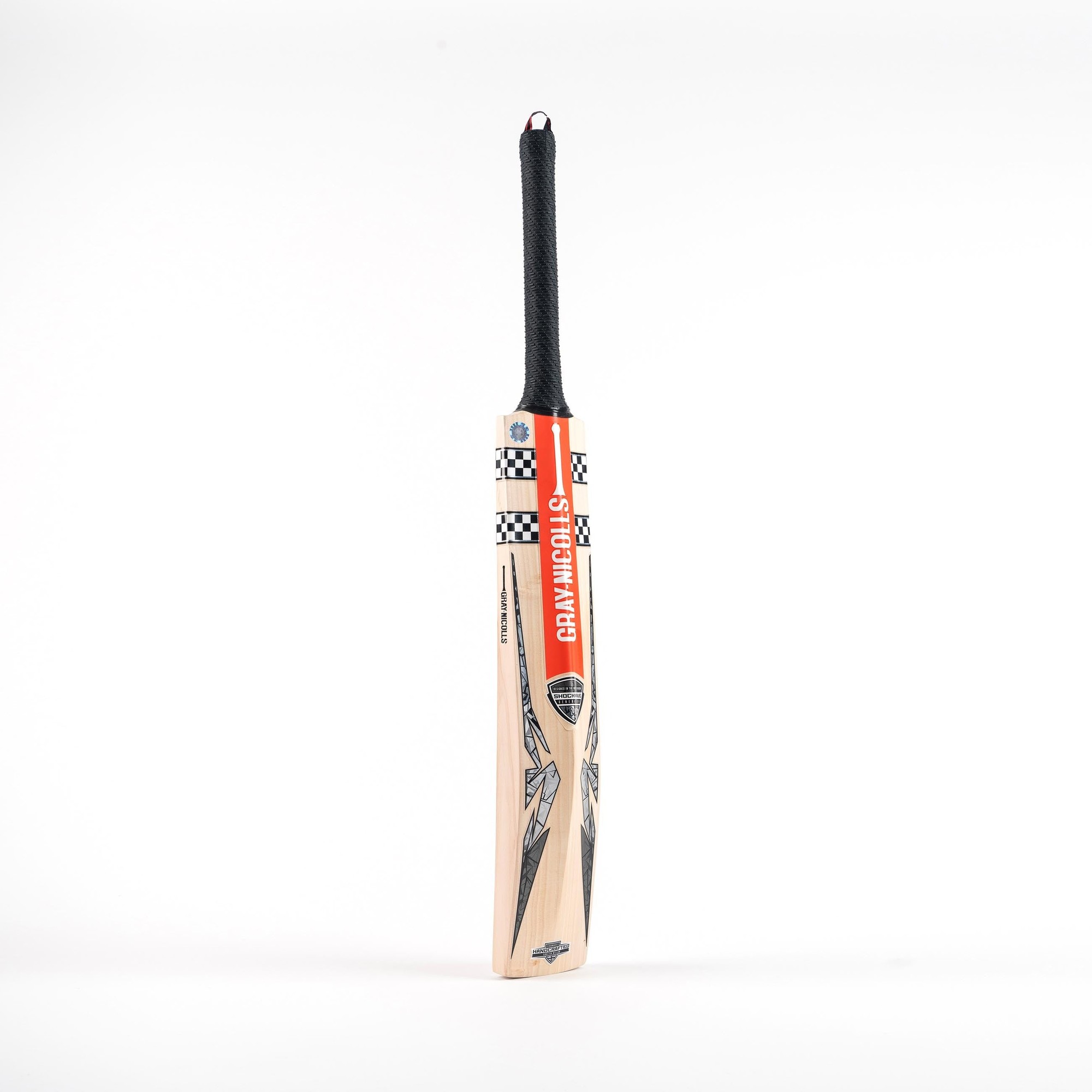 Gray-Nicolls Shockwave 2.0 Academy Junior Cricket Bat features a light wooden body with a black grip, red and black accents, and a sleek design with graphic details.