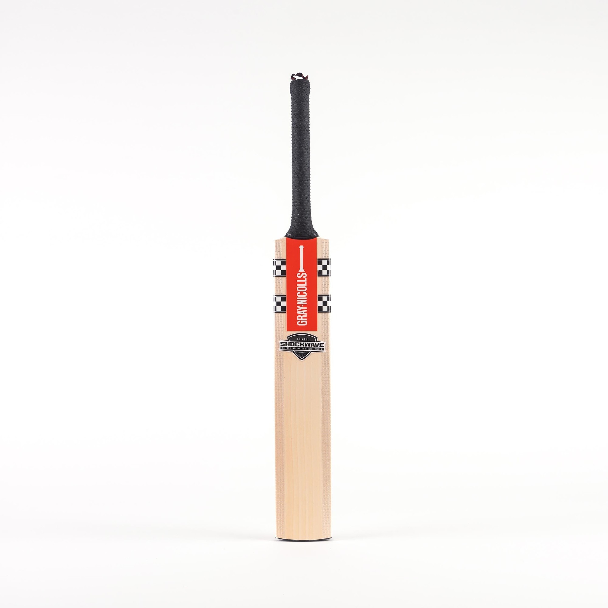 Gray-Nicolls Shockwave 2.0 Power cricket bat featuring a light wooden blade, black rubber grip, and a vibrant red and black logo design.