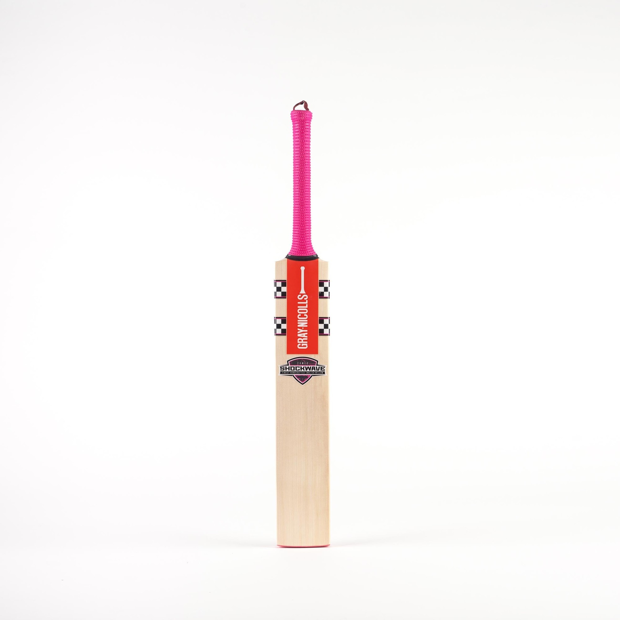 Gray-Nicolls Shockwave 2.1 Cameo Junior Cricket Bat featuring a light wooden blade, pink rubber grip, and a striking red and black design on the handle.