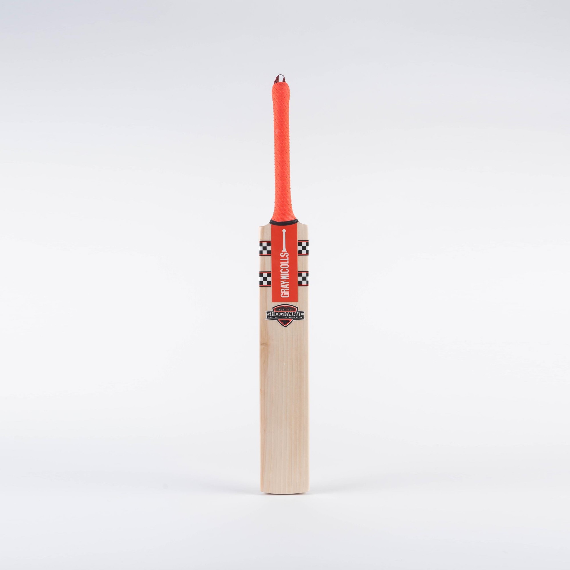 Gray-Nicolls Shockwave 2.4 cricket bat features a light wood blade, orange grip, and distinctive checkerboard design on the handle, designed for adult players.