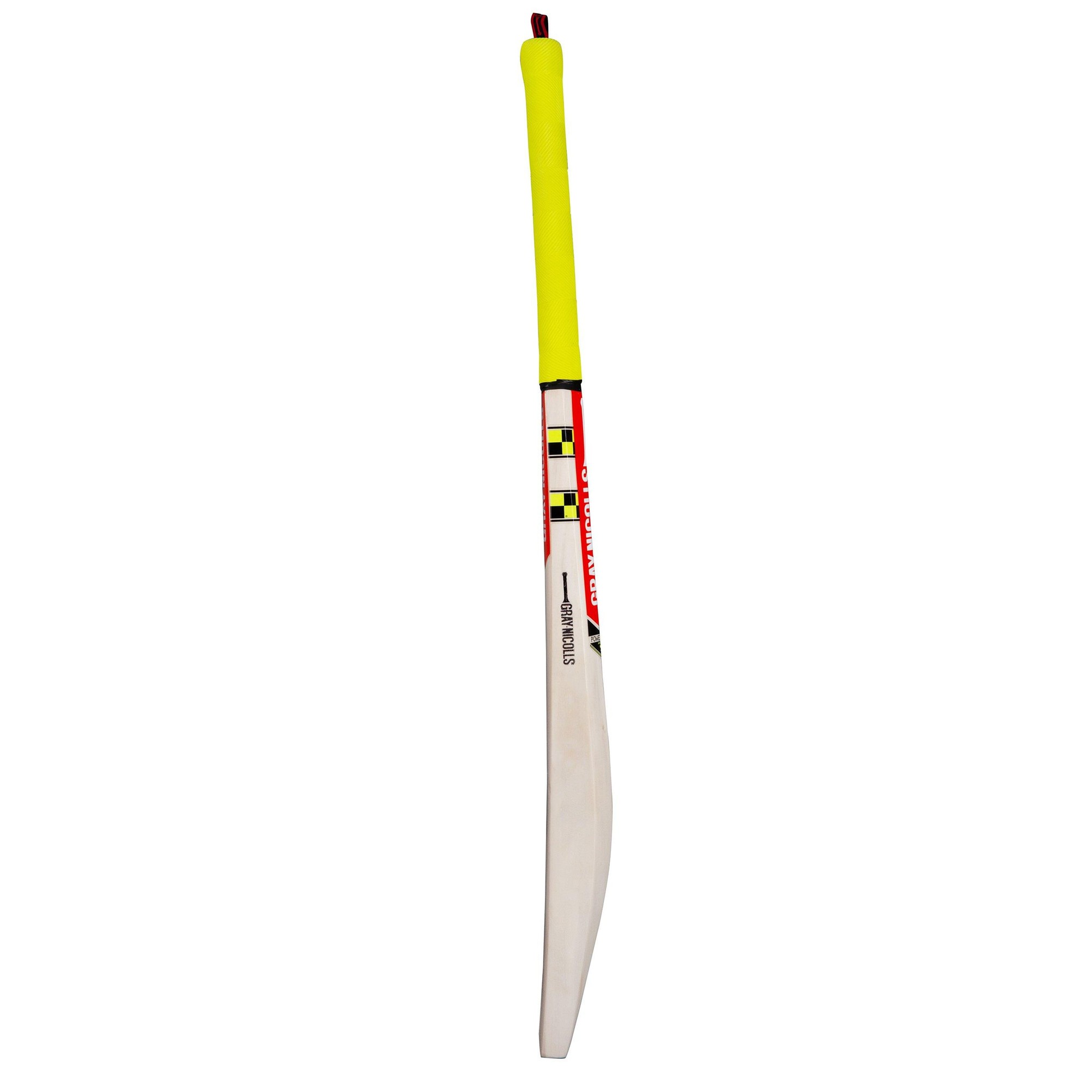 Gray-Nicolls Slimline Technique Cricket Bat in red and white, featuring a yellow grip, sleek design, and a lightweight profile for enhanced performance.