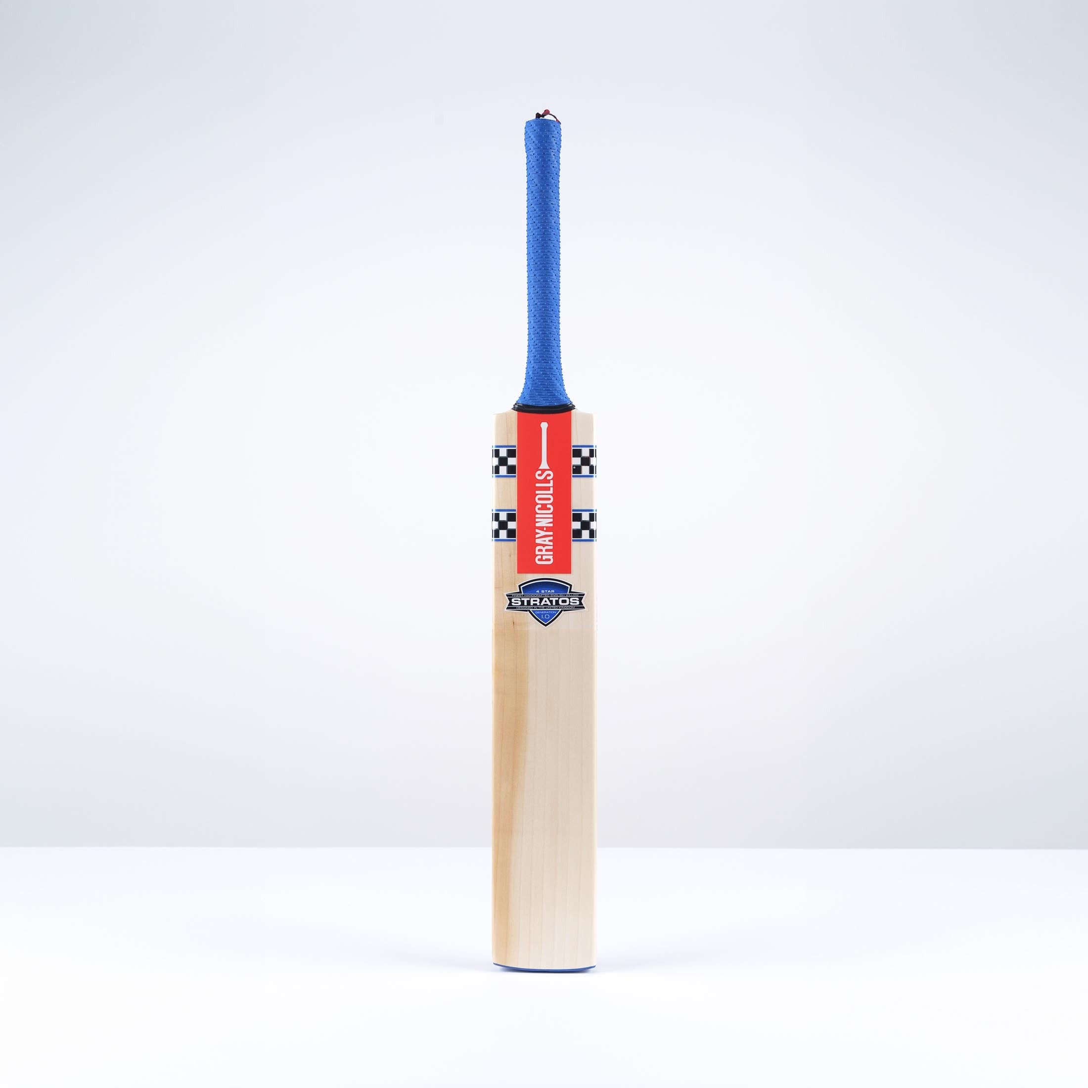 Gray-Nicolls Stratos 1.0 4 Star cricket bat featuring a natural wood finish, red and black branding, and a blue rubber grip on the handle.