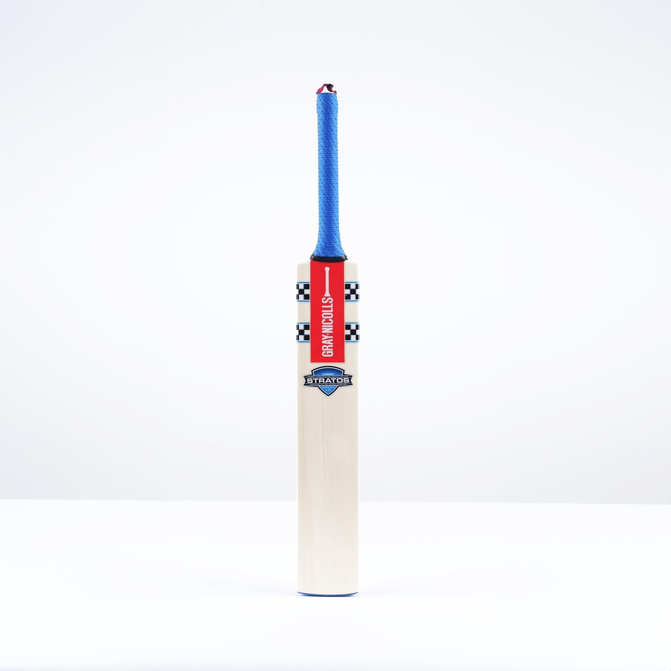 Gray-Nicolls Stratos 1.0 Cameo Cricket Bat for juniors features a light wooden blade, red and black branding, and a blue rubber grip on the handle.
