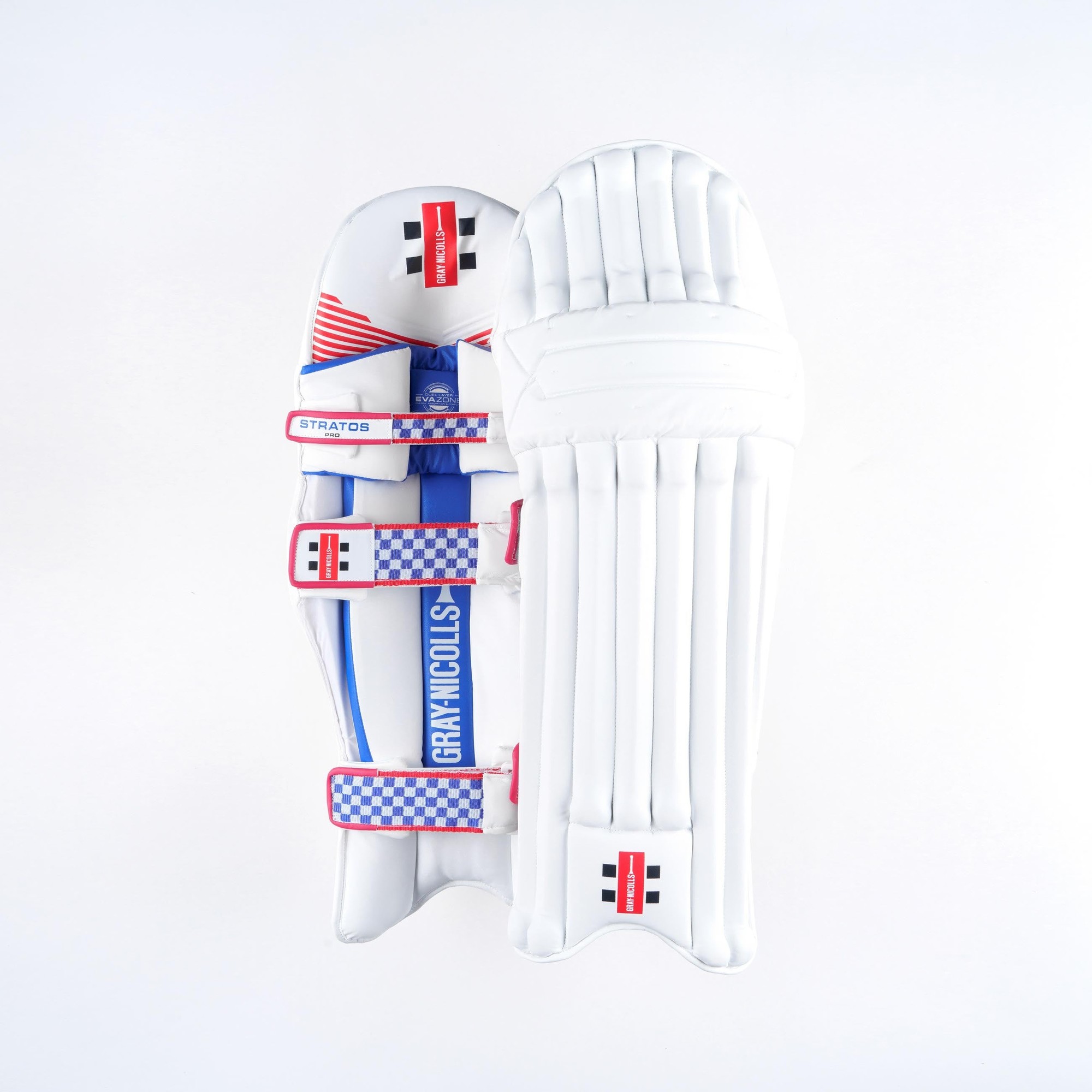 White Gray-Nicolls Stratos 1.0 Pro batting pads featuring blue and red accents, padded protection, and adjustable straps for a secure fit.