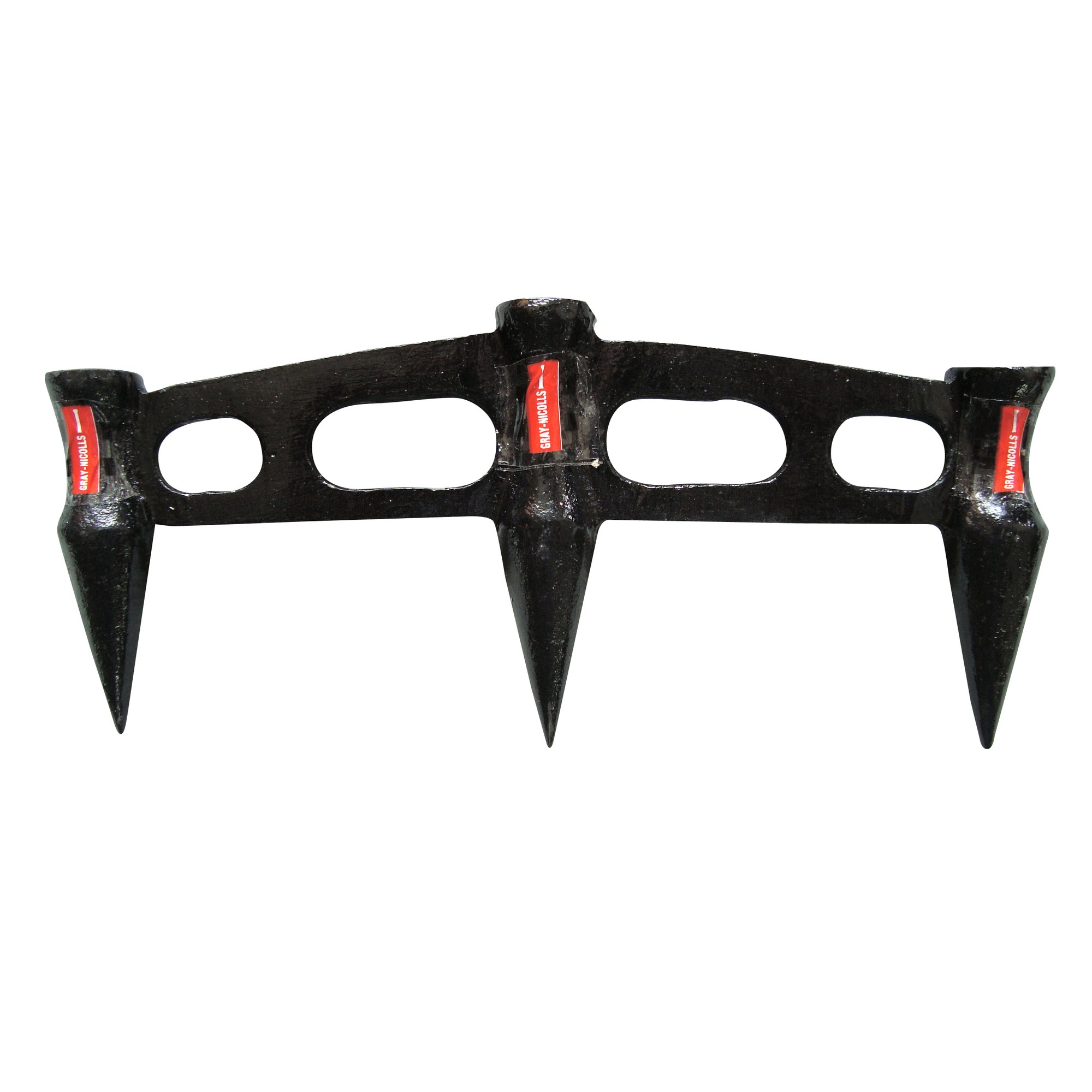 Gray-Nicolls Stump Gauge in black, featuring a sturdy design with three pointed spikes and red accents, ideal for measuring cricket pitch lengths.