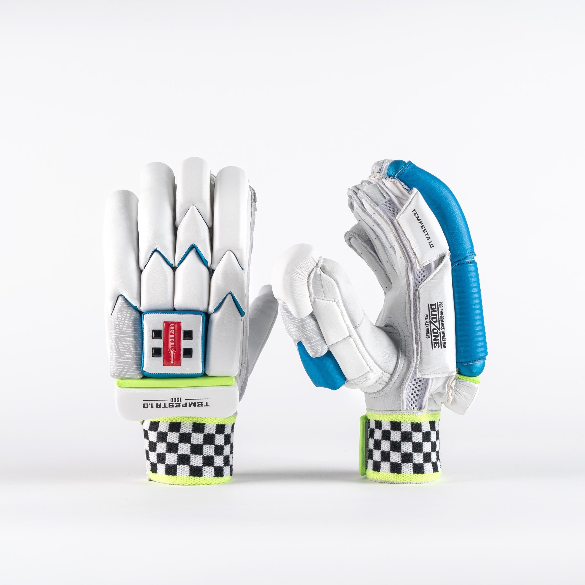 White Gray-Nicolls Tempesta 1.0 1500 batting gloves featuring blue accents, padded protection, and a checkered wristband for enhanced grip and comfort.