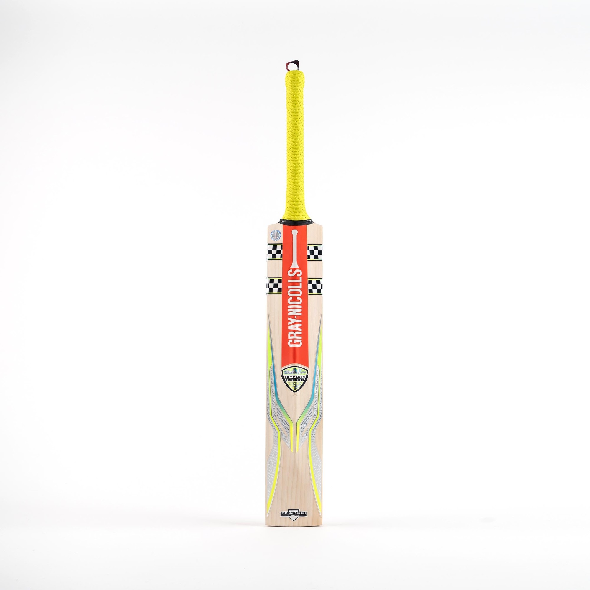 Gray-Nicolls Tempesta 1.0 300 adult cricket bat features a light wooden blade with a yellow grip, bold red branding, and checkered detailing near the handle.