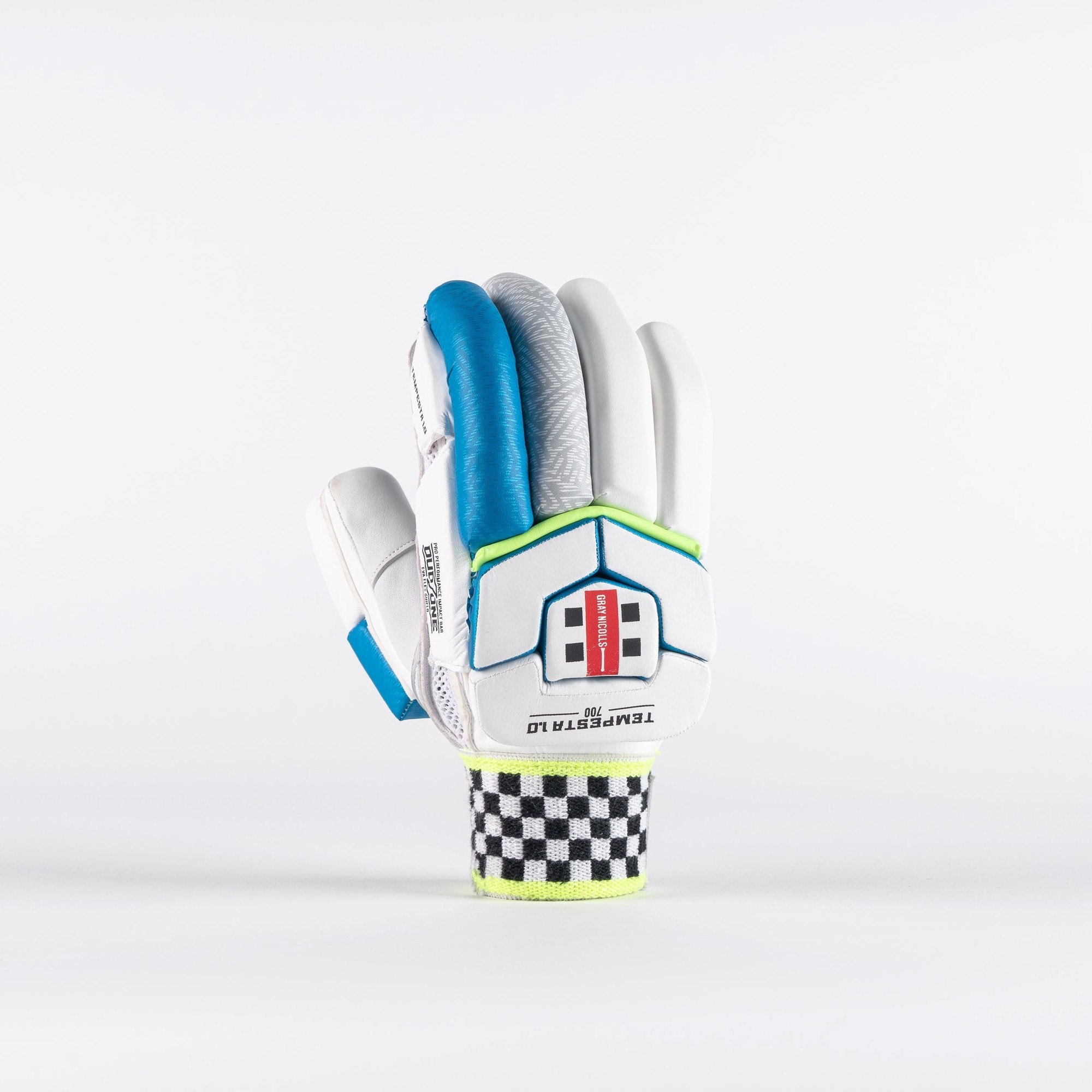 White Gray-Nicolls Tempesta 1.0 700 batting gloves featuring blue and green accents, a padded palm, and a checkered wristband for enhanced grip and comfort.