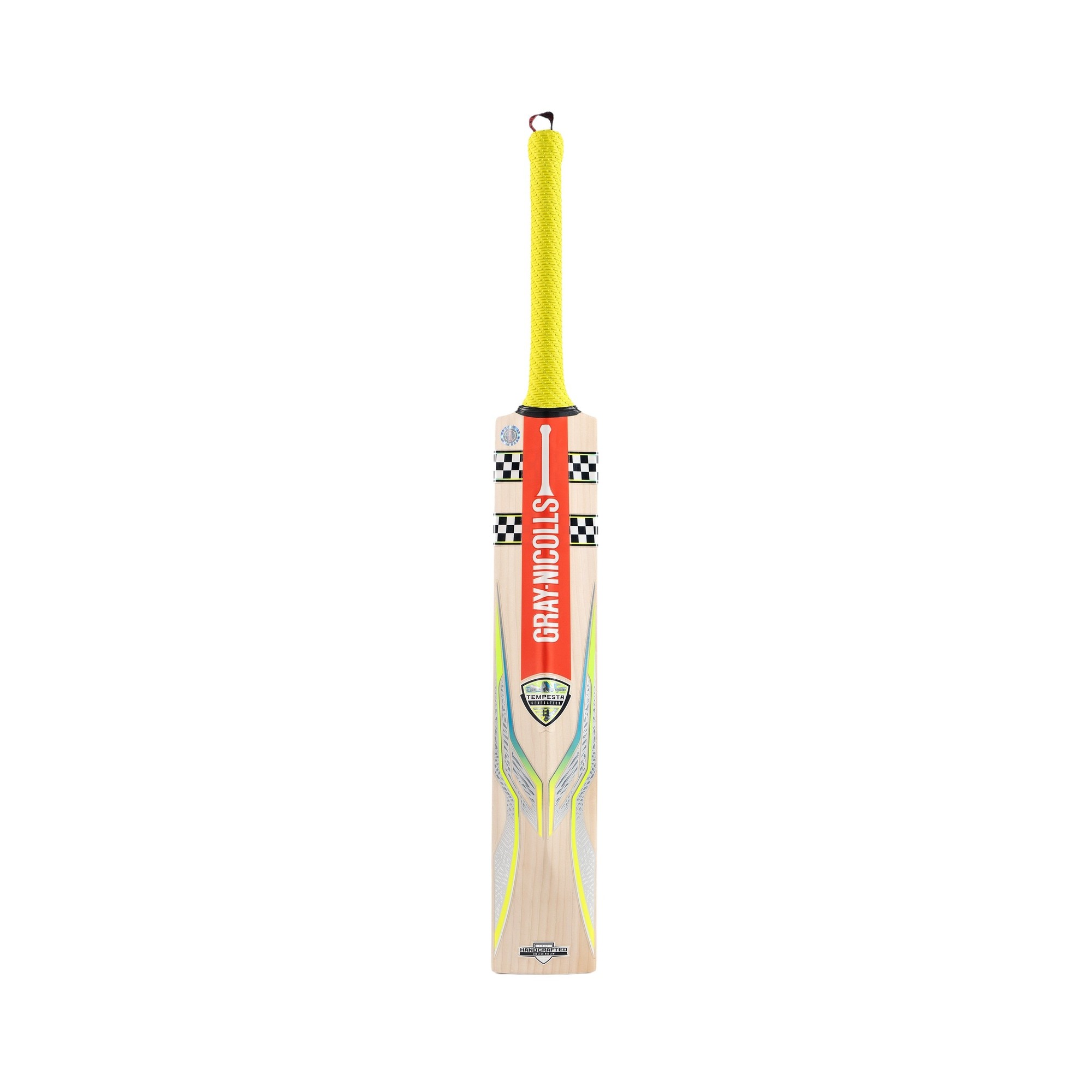 Gray-Nicolls Tempesta 1.0 Academy Junior Cricket Bat features a light wooden body with a yellow grip, red and black branding, and a sleek design for young players.