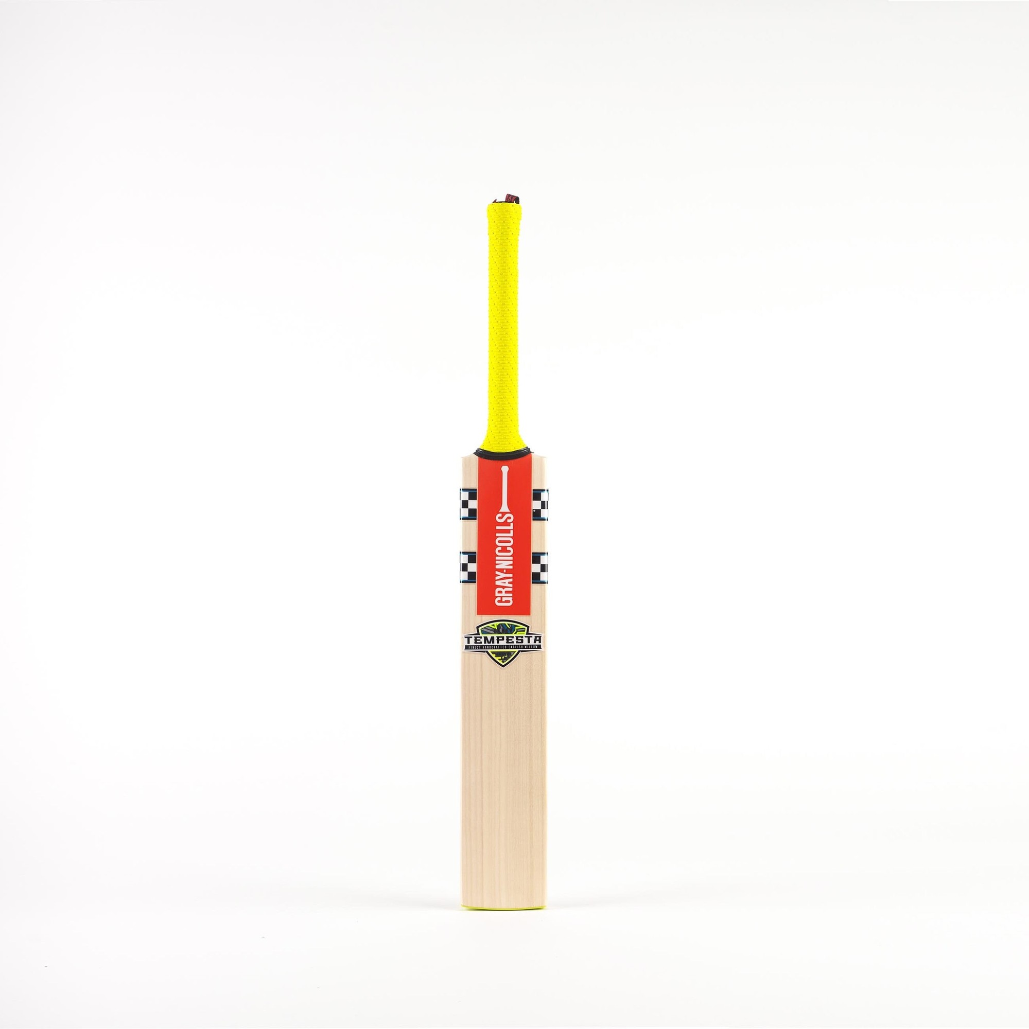 Gray-Nicolls Tempesta 1.0 Cameo Junior Cricket Bat featuring a light wooden blade, vibrant yellow grip, and bold red and black branding on the handle.