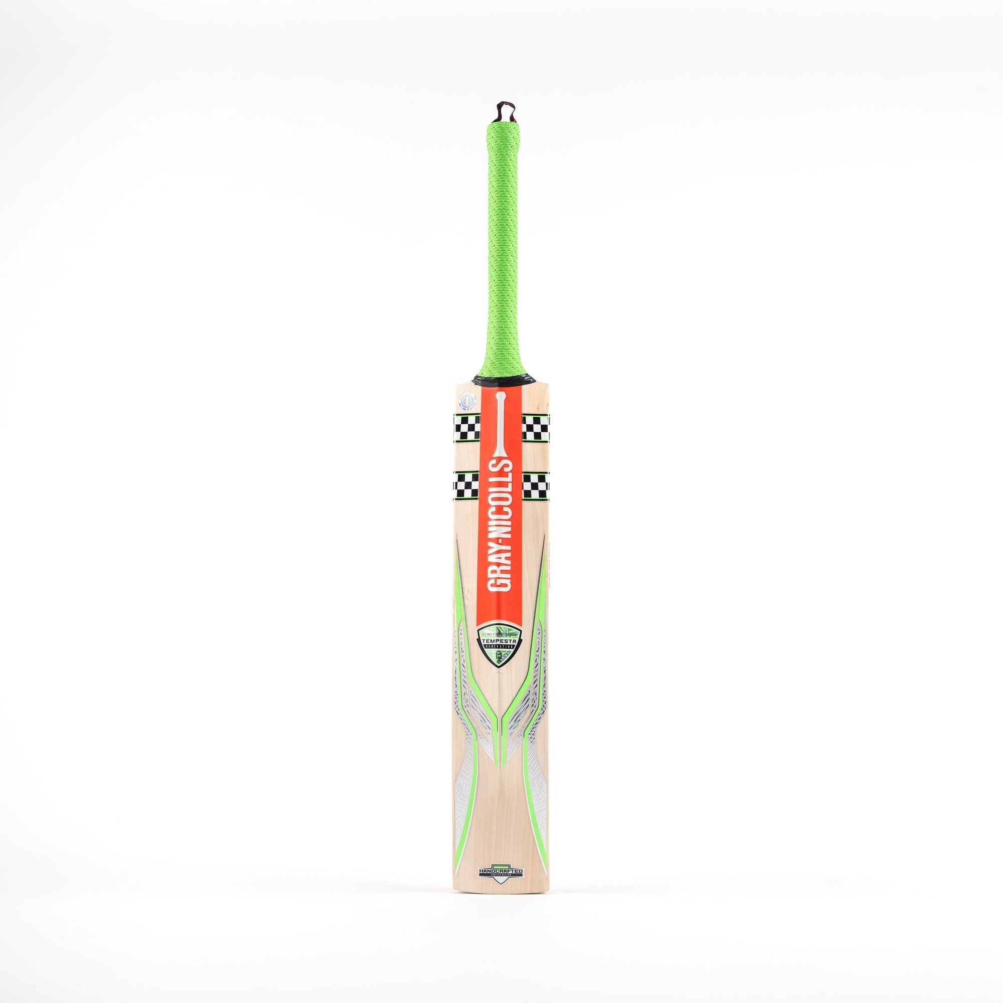Gray-Nicolls Tempesta 1.3 200 adult cricket bat featuring a light wooden blade, vibrant green grip, and distinctive checkered design on the handle.