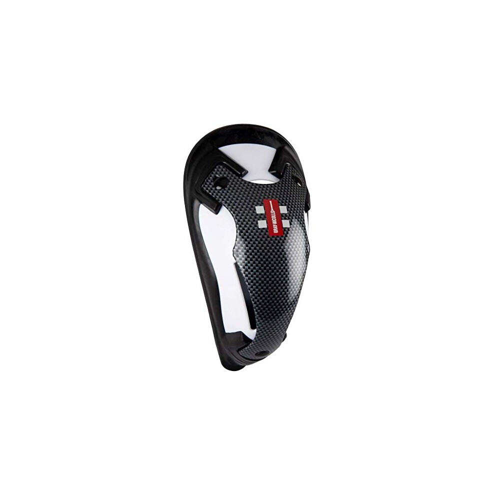 Gray-Nicolls Test Carbon Abdo Guard in white and black, featuring a lightweight carbon fiber design, contoured shape for comfort, and a bold red logo.