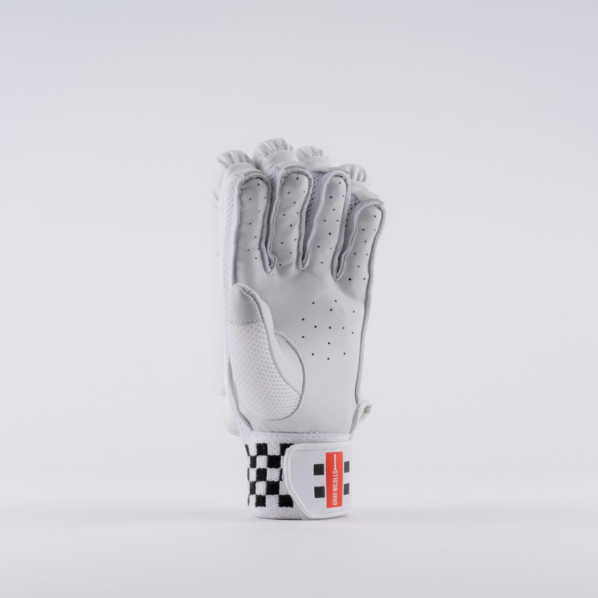 White Gray-Nicolls Ultimate 350 batting gloves featuring a textured palm, ventilated fingers, and a black and white checkered wrist strap for secure fit.