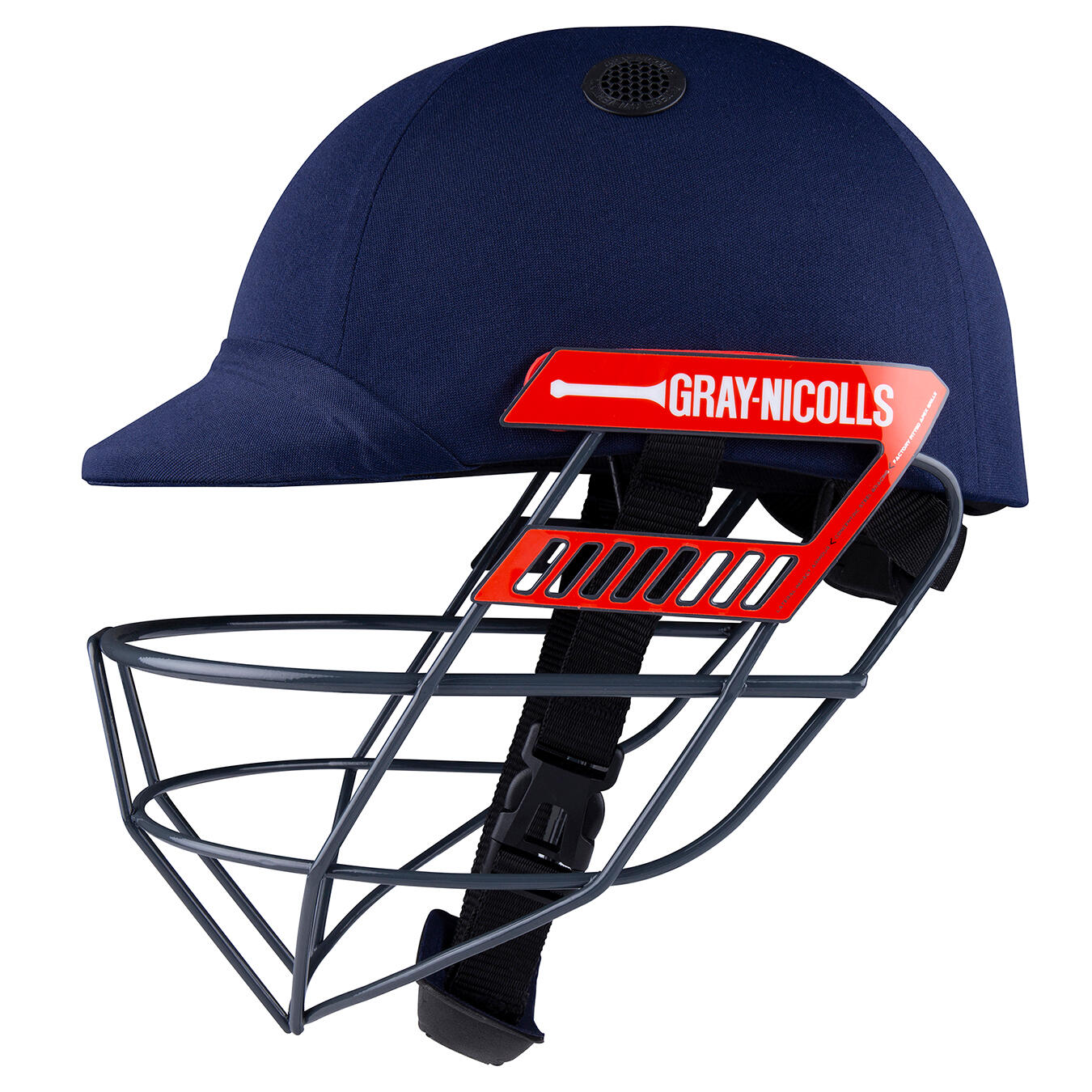 Gray-Nicolls Ultimate Cricket Helmet in navy blue with a durable fabric exterior, featuring a red grille and adjustable chin strap for secure fit and protection.