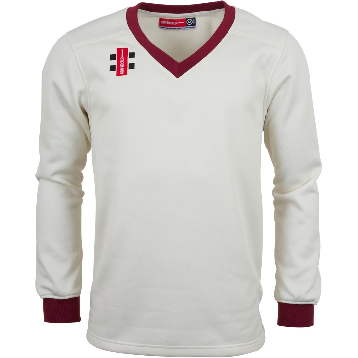 Cream-colored sweater with a V-neck, maroon accents on the collar and cuffs, featuring the Gray-Nicolls logo and a distinctive striped design on the chest.