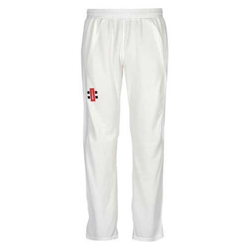 Lightweight white trousers with an elastic waistband, featuring a black and red Gray-Nicolls logo on the left thigh, designed for comfort and performance.