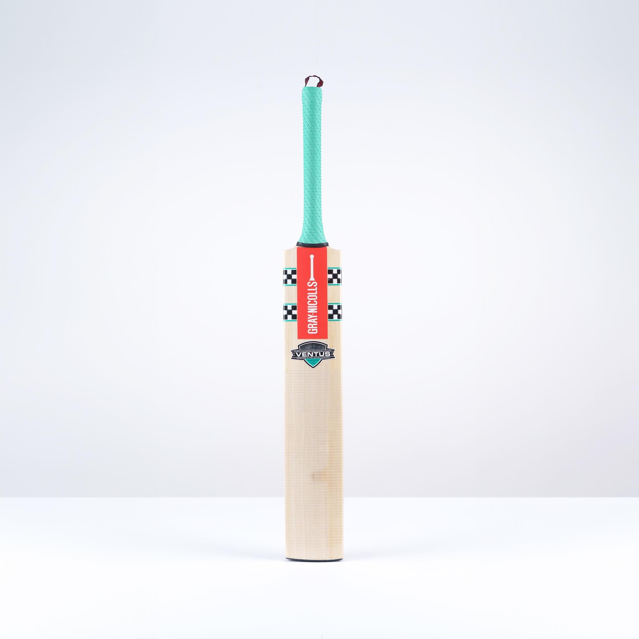 Gray-Nicolls Ventus 1.0 200 cricket bat featuring a light wood finish, a vibrant turquoise grip, and distinctive branding with a red and black design on the handle.